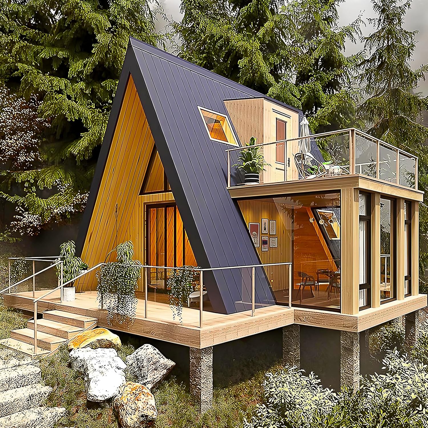 Modern A-Frame Prefab Tiny Homes for Sale – Luxury Low-Rise SIPs Modular Triangle Villa with Heat Insulation | Prefabricated Cottage Cabin Tiny Houses to Live in for Adults, Resort, or Scenic Getaway