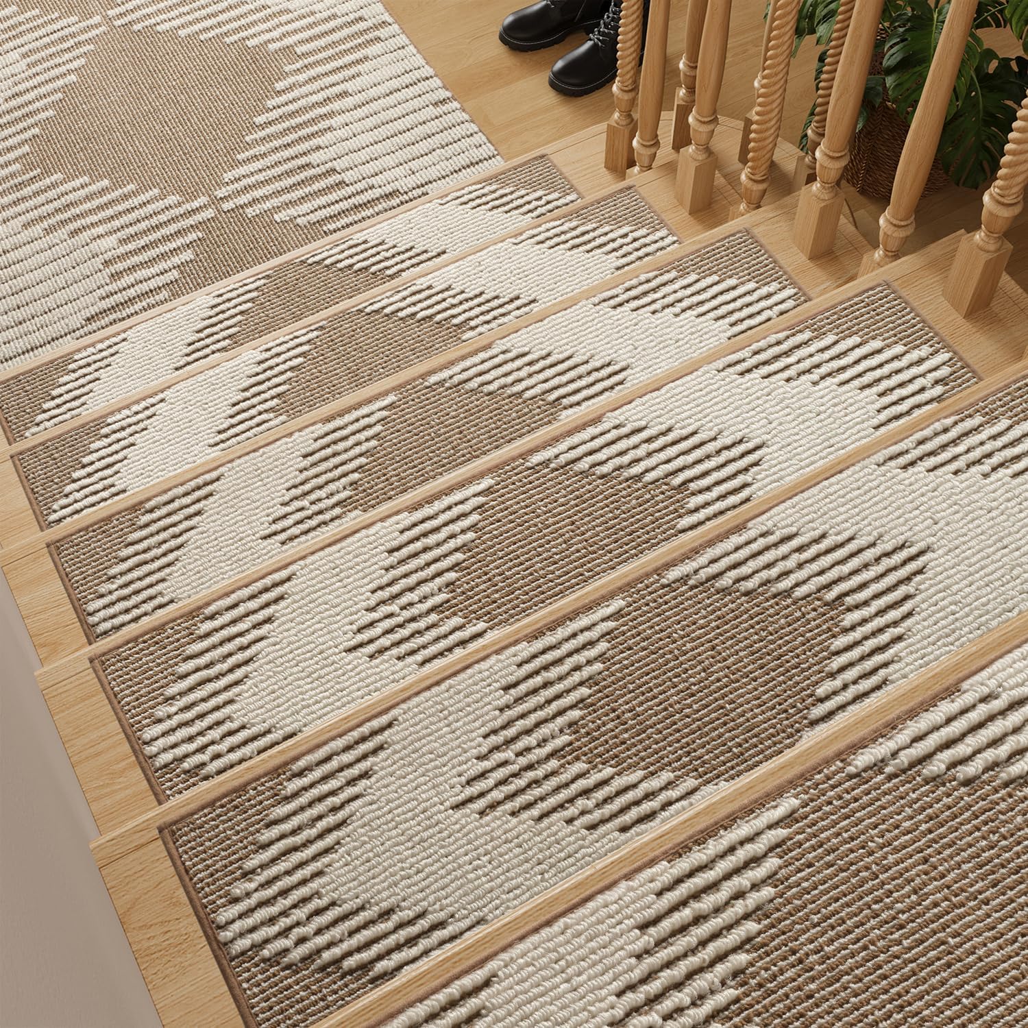 PADOOR 15PC Stair-Treads Non Slip, 3D Peel and Stick Stair Treads for Wooden Steps Indoor, Stair-Carpet Treads Washable Reusable Adhesive Stair-Runner Rugs for Kids and Dogs 8"x30" Brown