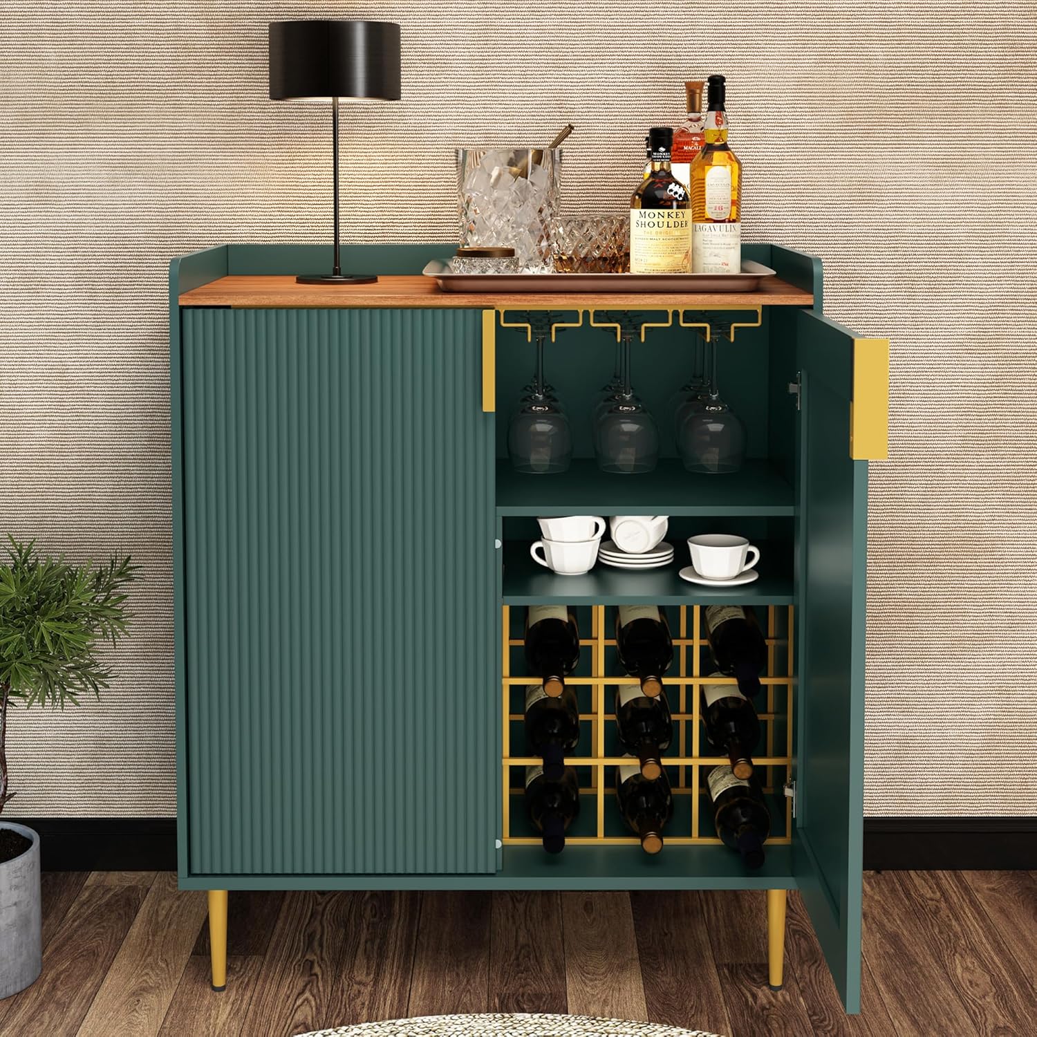 ARTPOWER Coffee Bar Cabinet with Wine Racks, Green Liquor Cabinet with Fluted Texture, Modern Sideboard Buffet Cabinet for Kitchen Dining Room, Living Room