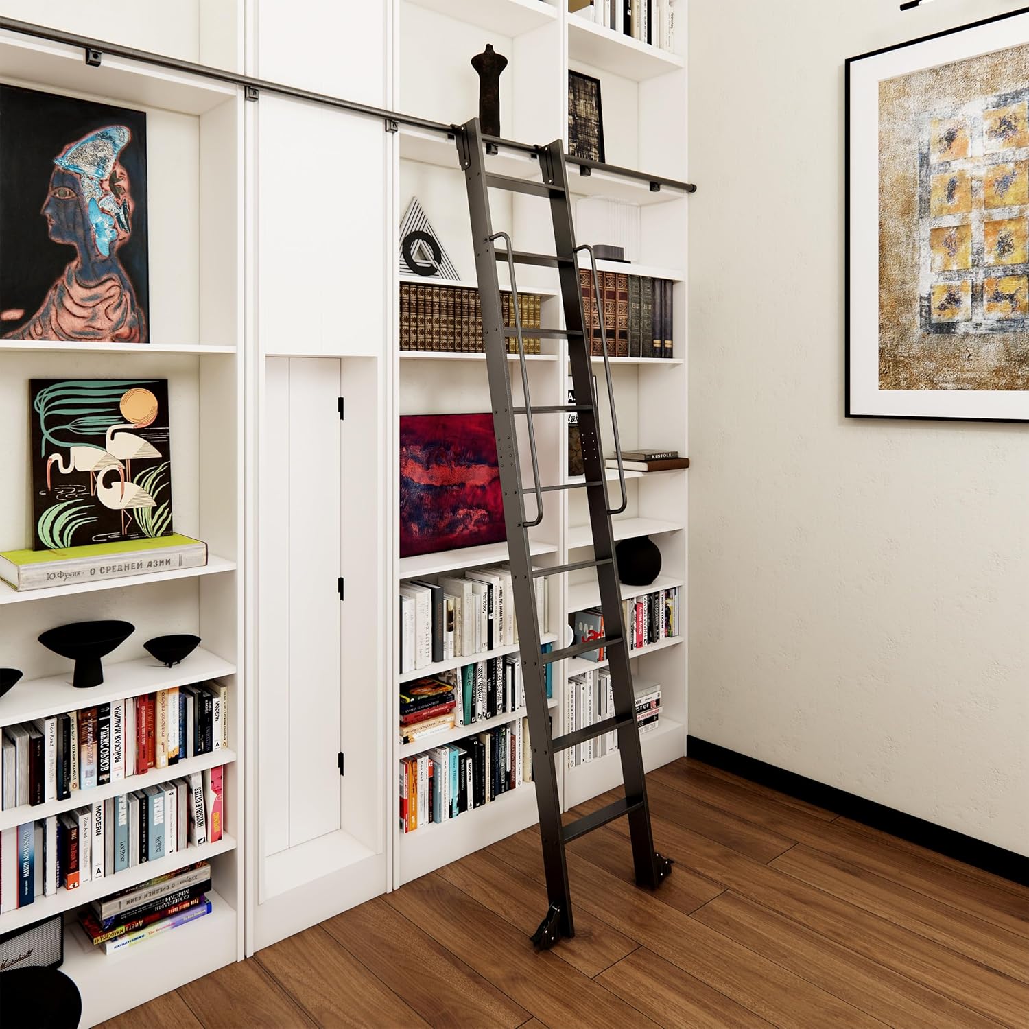 108" Telescopic Sliding Library Ladder with Handrail – Lightweight Aluminum Rolling Ladder with Braking Wheels, 4FT Hook Ladder Track Kit for Home, Loft, and Bookshelves