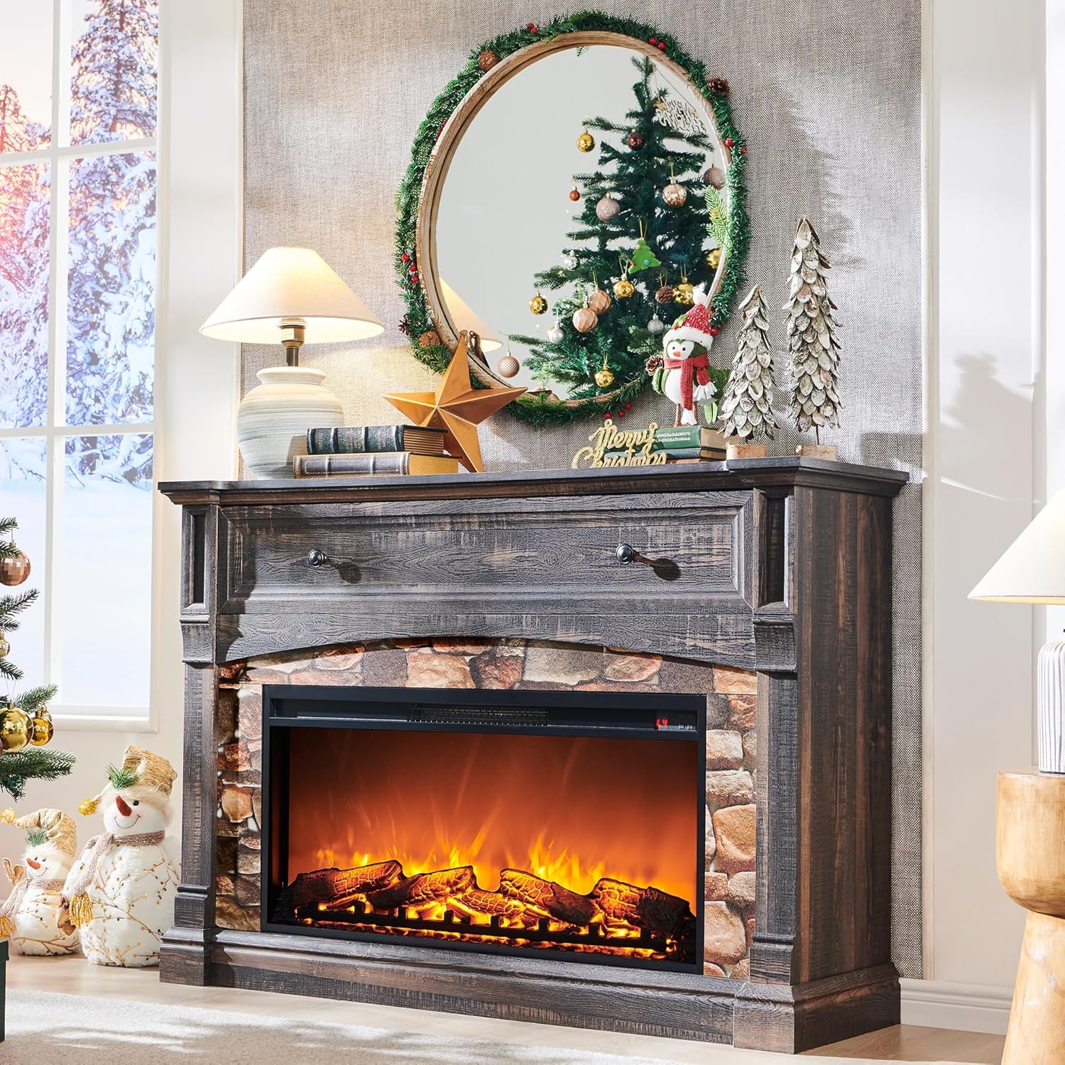 OKD 52" Farmhouse Electric Fireplace with Mantel, Tall Fireplace TV Stand w/Sime-Open Cubby, 36" Freestanding Electric Fireplace Heater,Remote Control, Adjustable 3D Realistic Flame