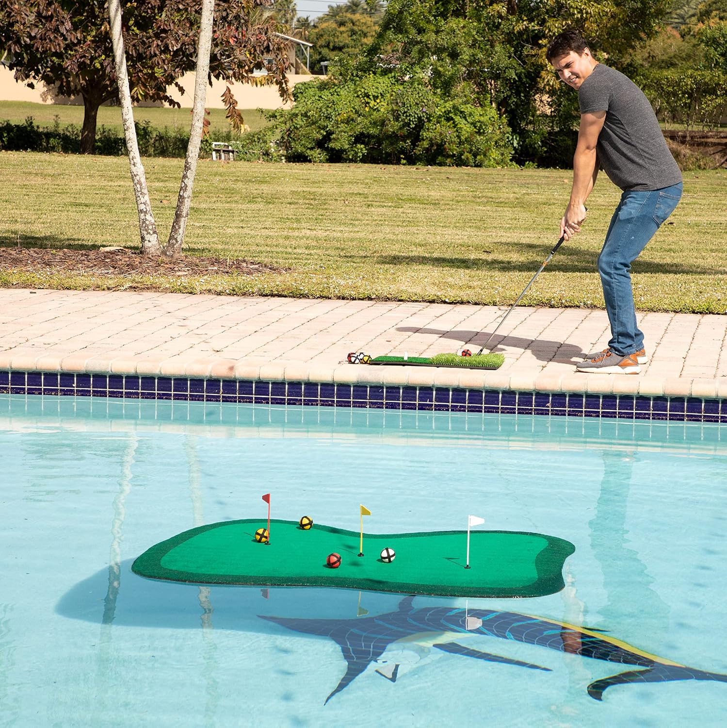 MD Sports Big Sky Floating Golf Green for Pool - Chipping Green Set with Mat, Touch Fastener Balls and Targets - Backyard Game with Dual Turf Simulated Fringe for Practice - Premium Golf Gifts