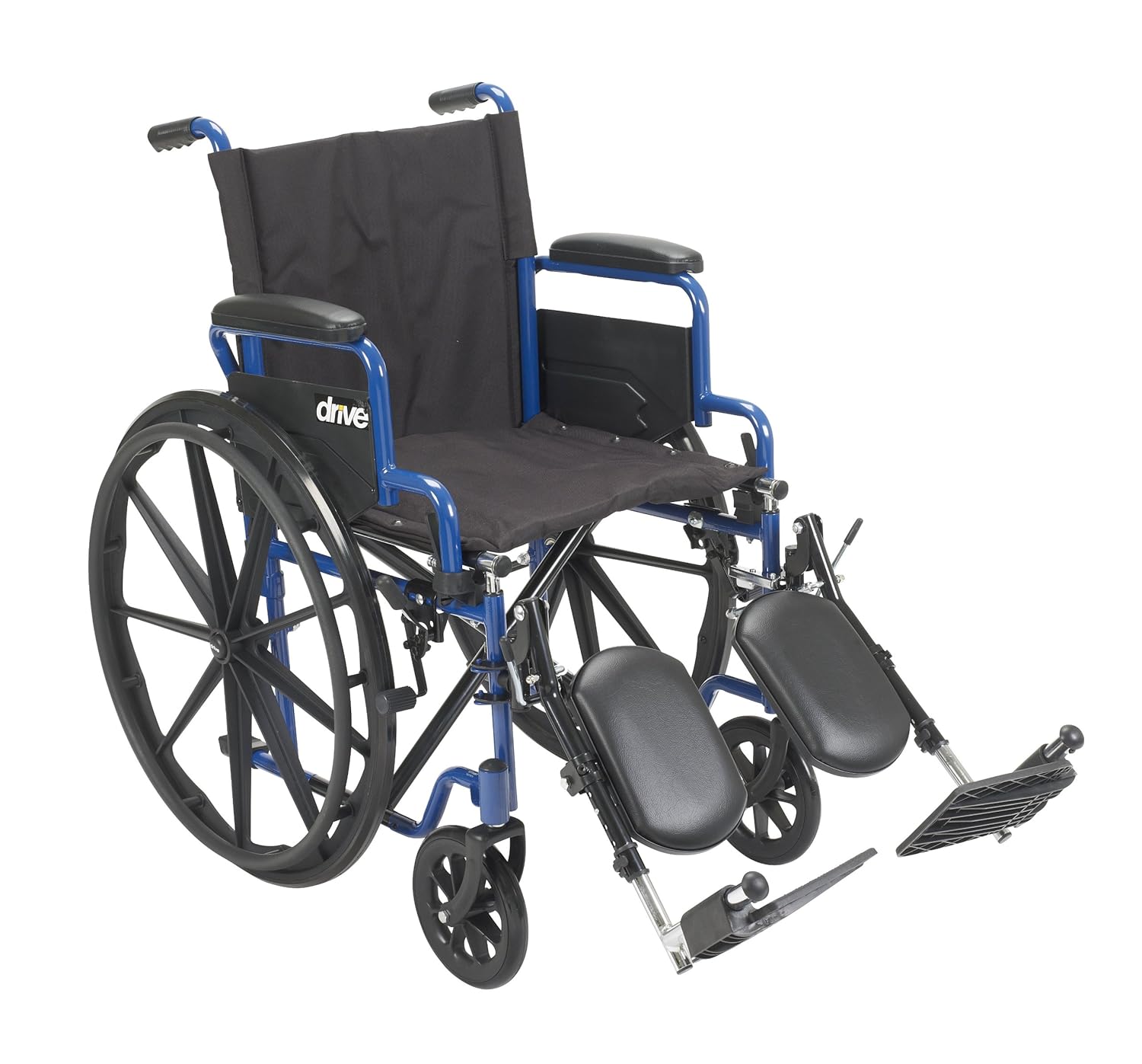 Drive Medical Blue Streak Lightweight Foldable Wheelchair for Adults, Seniors, and Disabled - Swing-Away Elevating Leg Rests and Flip-Back Padded Arms - Black/Blue