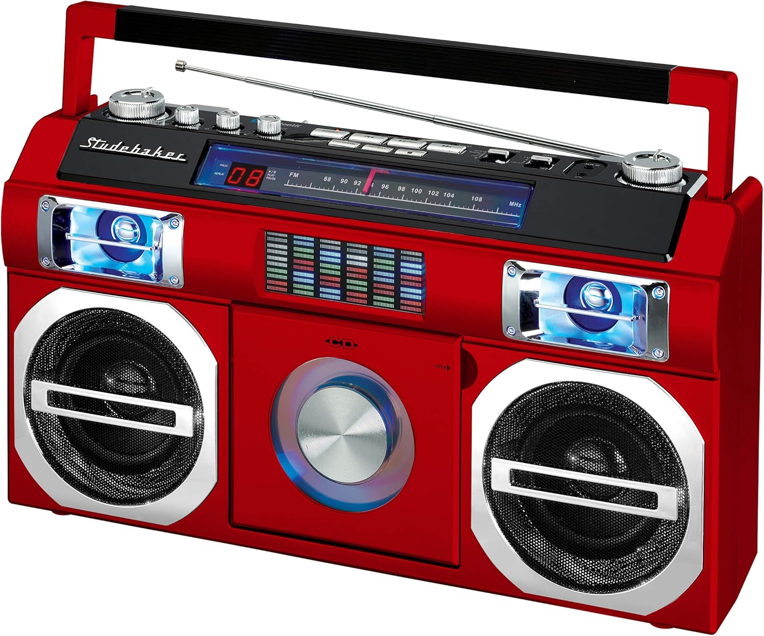 Studebaker SB2145R 80's Retro Street Bluetooth Boombox with FM Radio, CD Player, LED EQ, 10 Watts RMS Power and AC/DC in Red