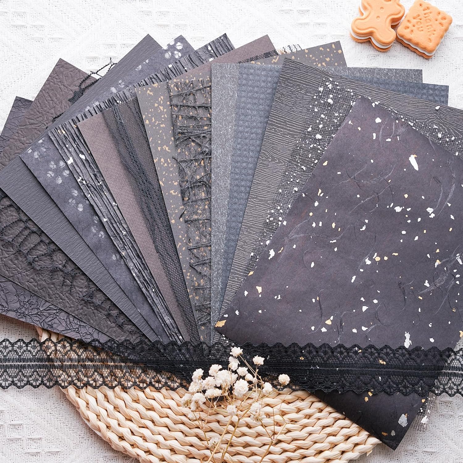 15Pcs Handmade Scrapbook Art Paper Craft Textured Paper Colorful A5 sheet Mesh Special Paper Mix for Scrapbooking Junk Journal Journaling Supplies DIY Materials,5.8x8.2 inches (Black)