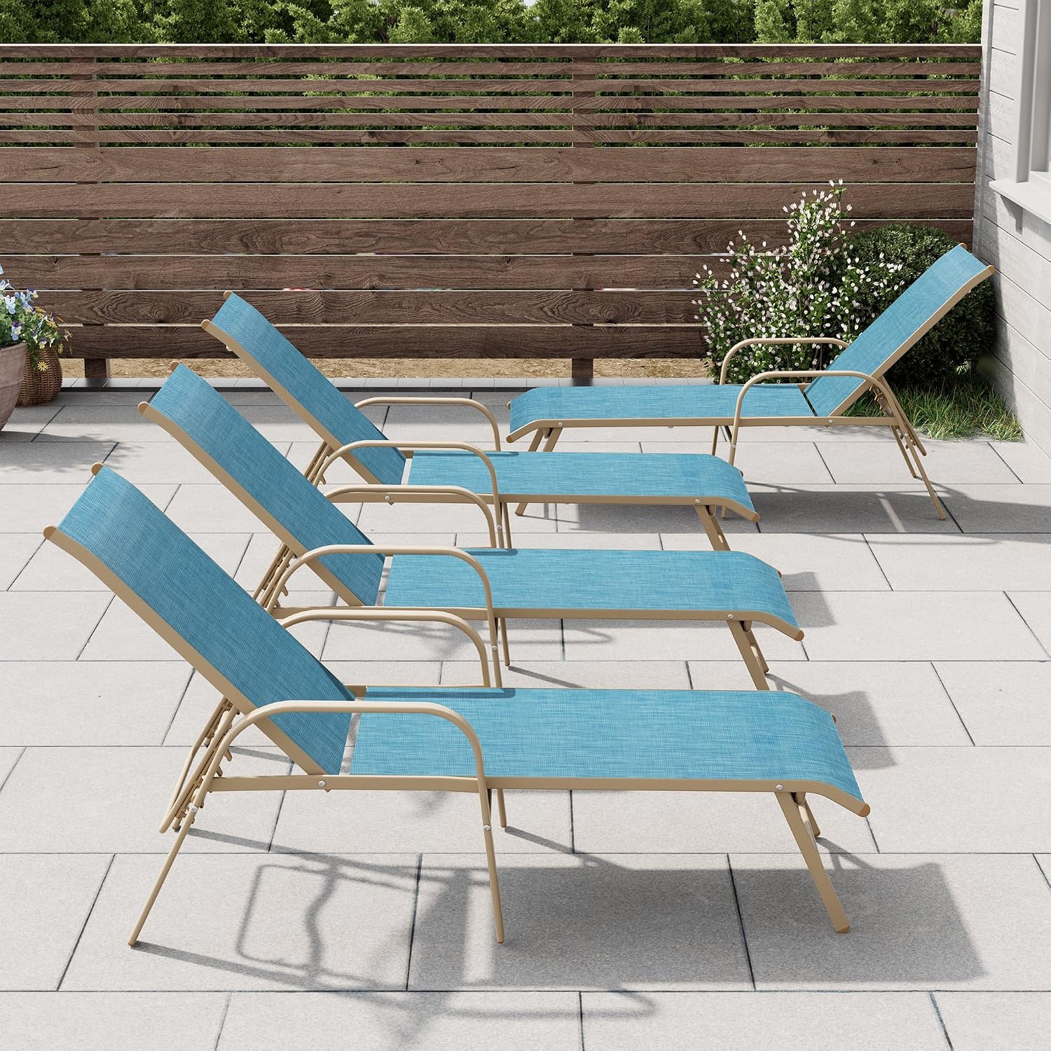 Crestlive Products Chaise Lounge Chair Outdoor with Armrests, Pool Lounge Chairs Set of 4, Aluminum Adjustable 5 Positions Sun Tanning Lounger for Patio, Poolside, Yard, Deck, Backyard (Blue)
