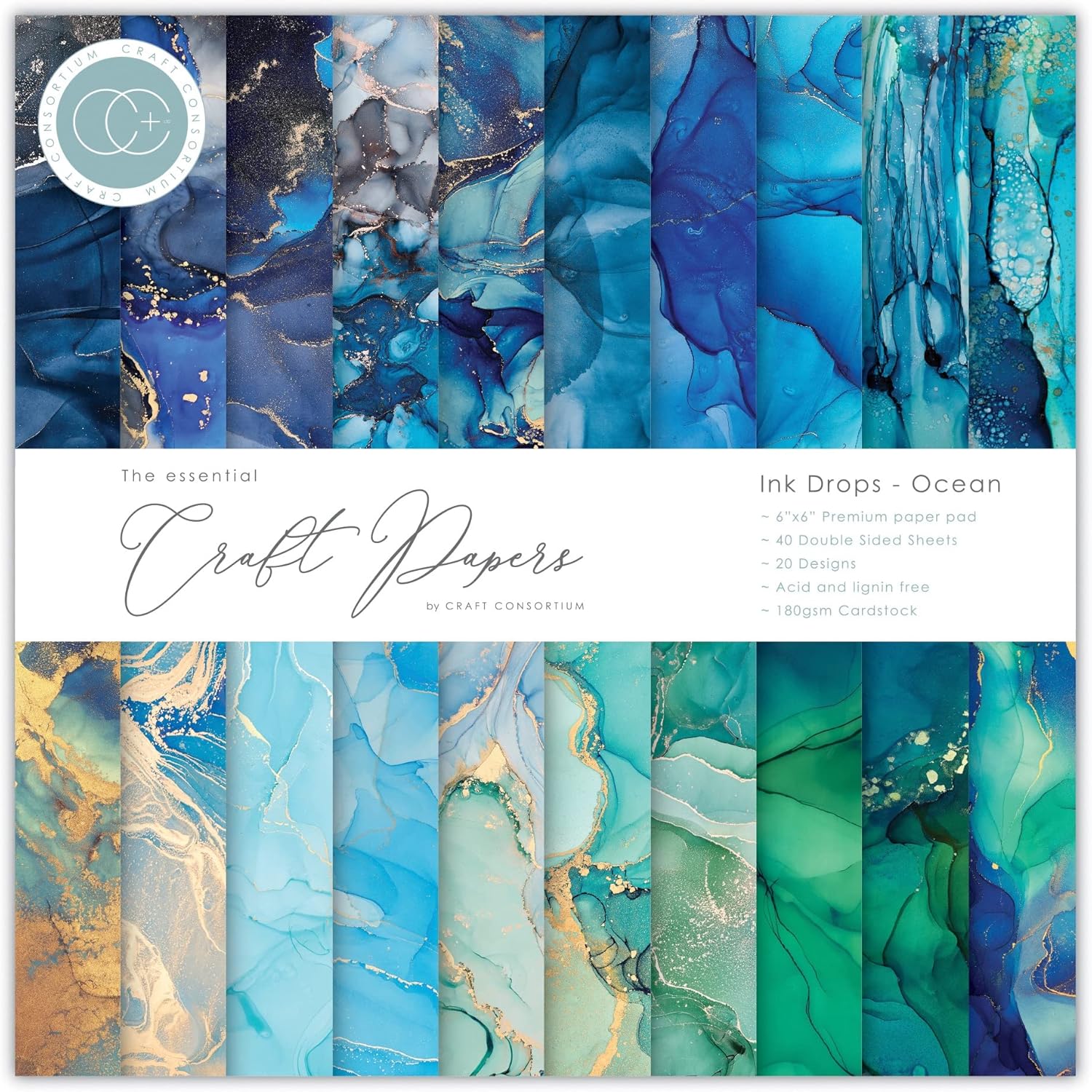 Craft Consortium Double-Sided Paper Pad 6"X6" 40/Pkg-Ink Drops - Ocean, 20 Designs