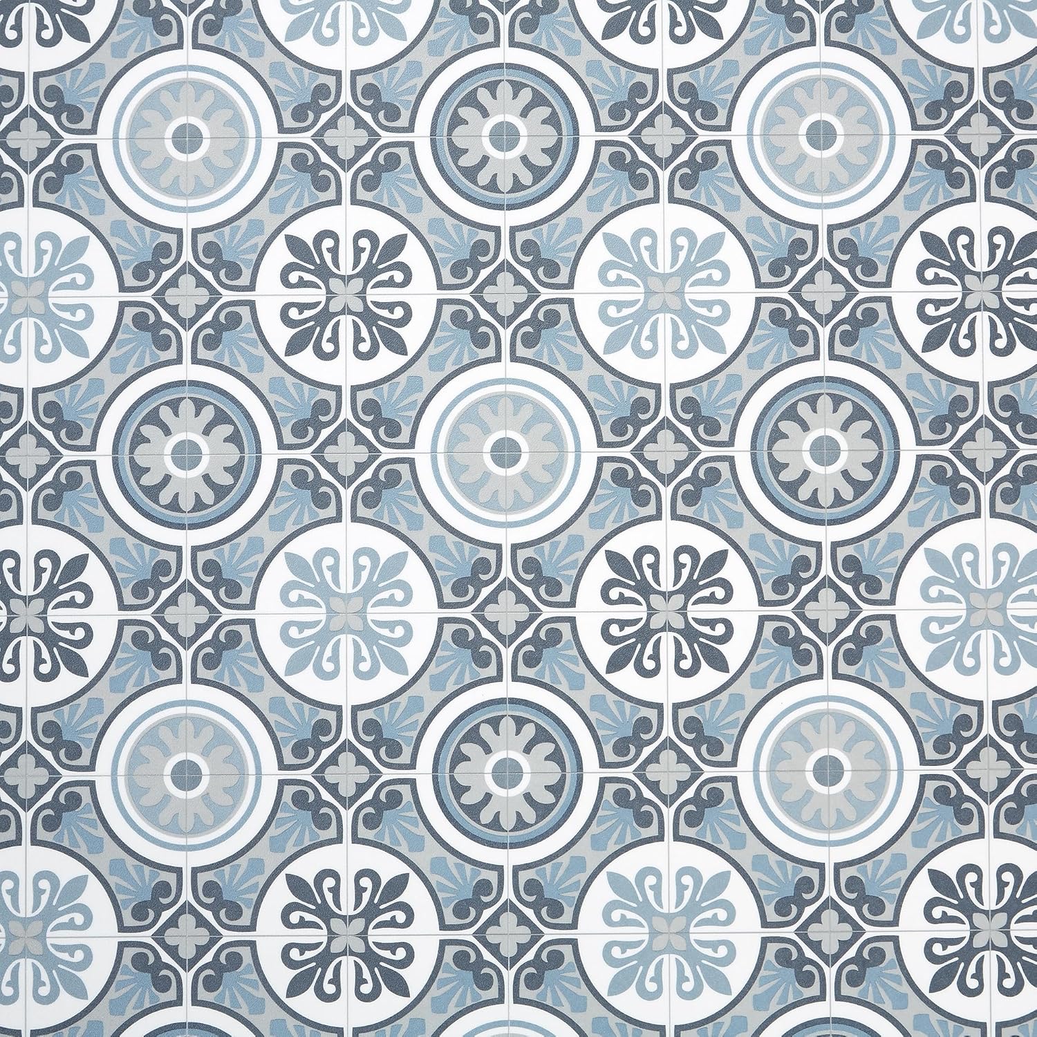 Moroccan Tile Design Cushion Vinyl Flooring Sheet White Grey & Blue Patterned Non Slip Lino Conservatory Kitchen Bathroom Floor (Tangier 09, Sample)