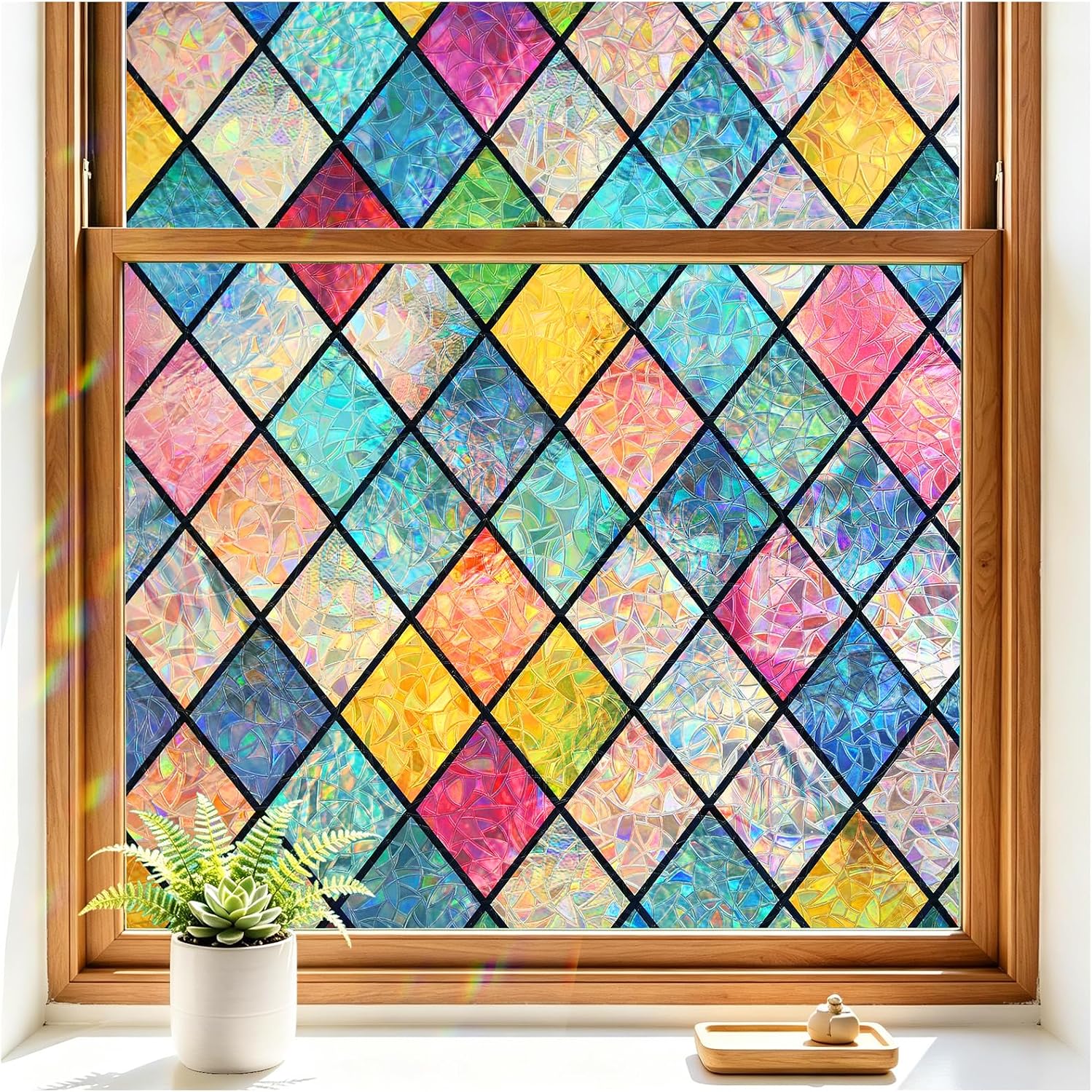 Haton Stained Glass Winodw Film, Rainbow Lattice Stickers, 17.5" x 78.7"