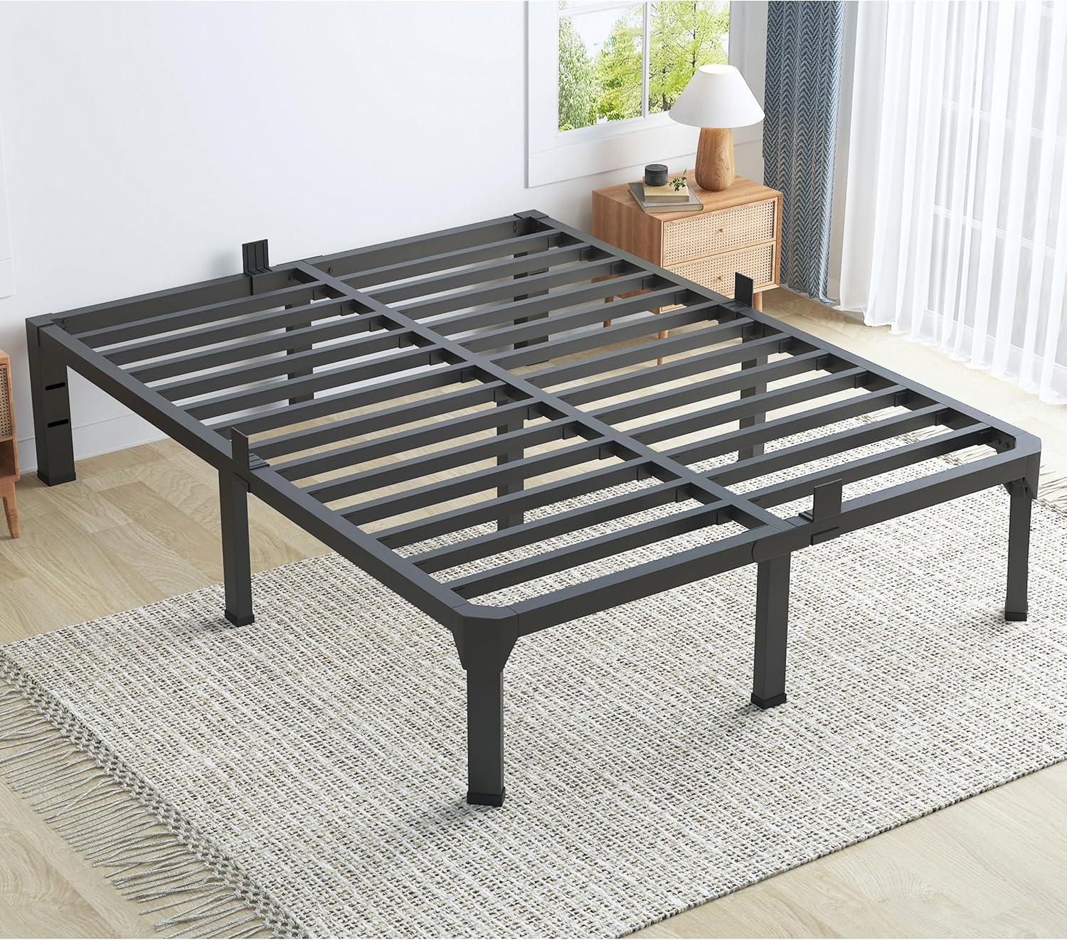 Queen Bed Frame with Mattress Slide Stopper, 18 Inch Metal Platform Bed Frame, Heavy Duty Tall Bed Frame No Box Spring Needed with Large Storage Space, Easy Assembly, Noise Free
