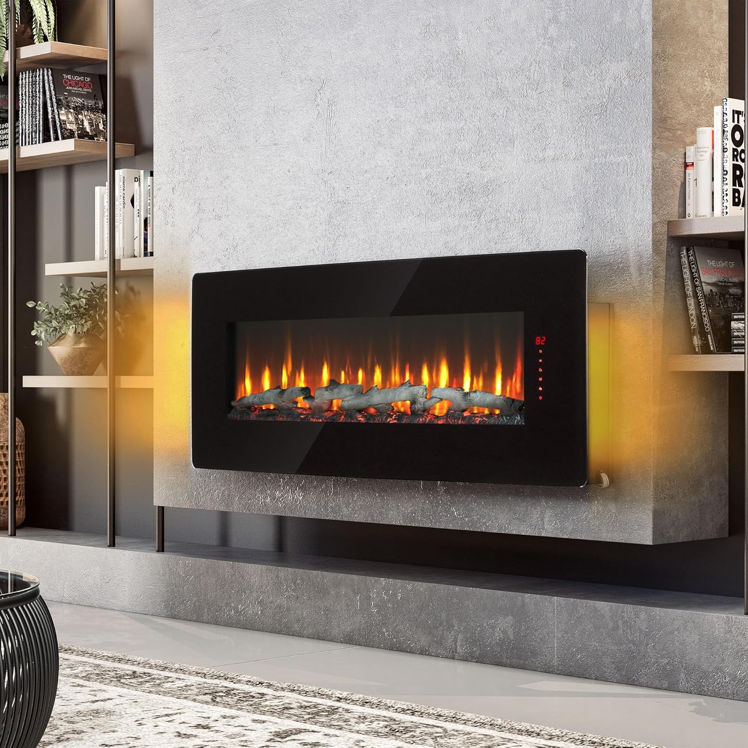 48" Curved Glass Electric Fireplace, Fireplace Heater w/Backlight, Optional 3 Media Bed, Wall Mounted/Tabletop, Adjustable Flame & Ember Bed Colors, LED Fireplace for Living Room, Black