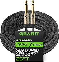 GearIT Guitar Instrument Cable (25ft) 1/4 Inch to 1/4 inch TS Straight Male to Male 6.35mm Mono Jack with Alloy Connector and Nylon Braid