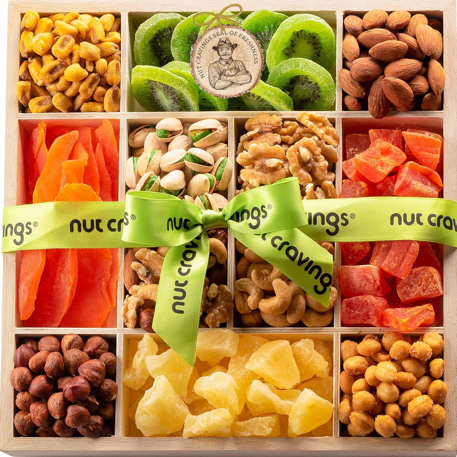 NUT CRAVINGS - Rosh Hashana & Shana Tova Dried Fruit & Mixed Nuts Gift Basket in Reusable Wooden Tray + Ribbon (12 Assortments) Food Arrangement, Healthy Snack Care Package, Kosher
