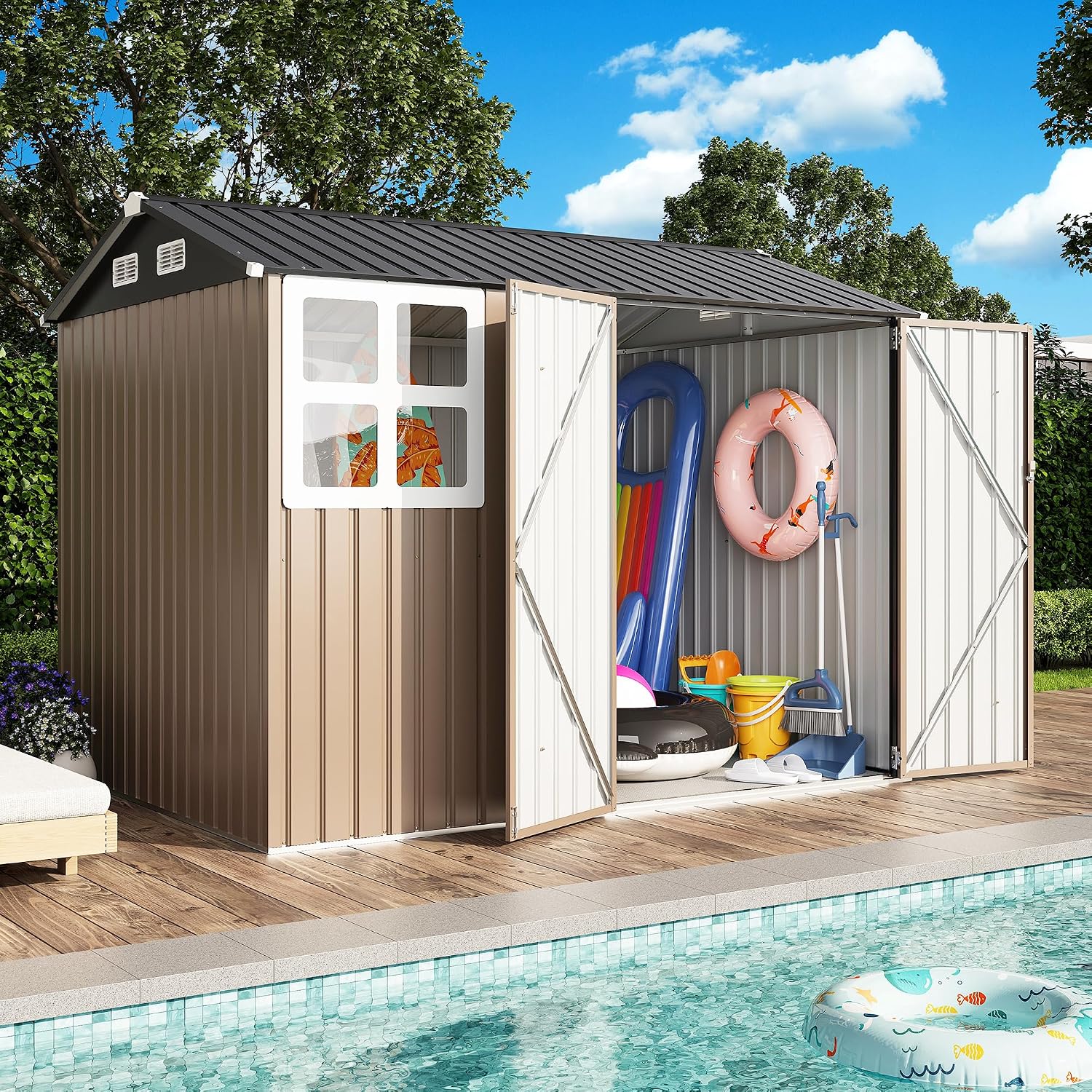 IRONCK 8x6FT Outdoor Storage Shed with Clear Window, Outdoor Shed, Brown