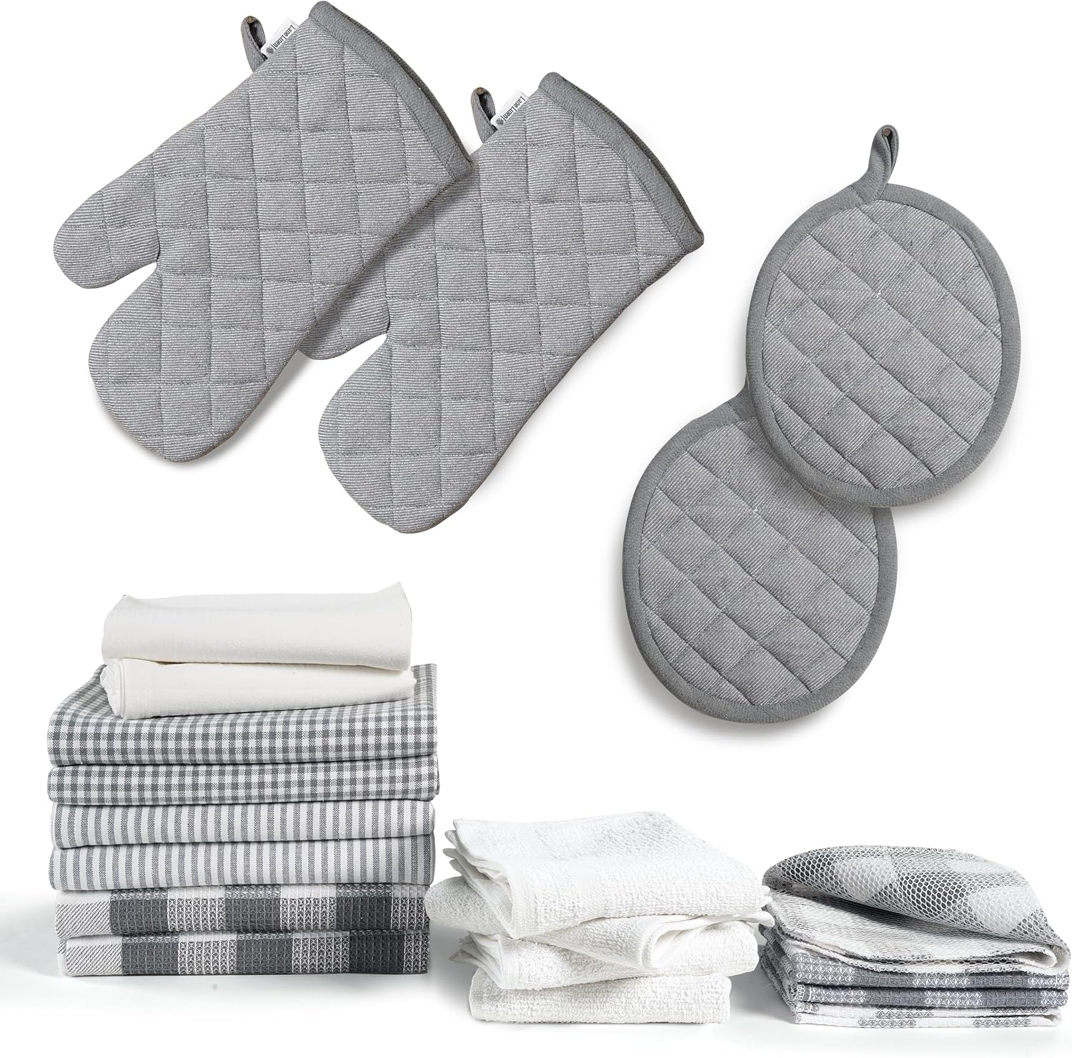 LANE LINEN Kitchen Towels and Dishcloths Sets - 20 Pc Kitchen Essentials for New Home, Heat Resistant Oven Mitts & Pot Holder, Absorbent Flour Sack Dish Towels, Dish Towels for Kitchen - Grey
