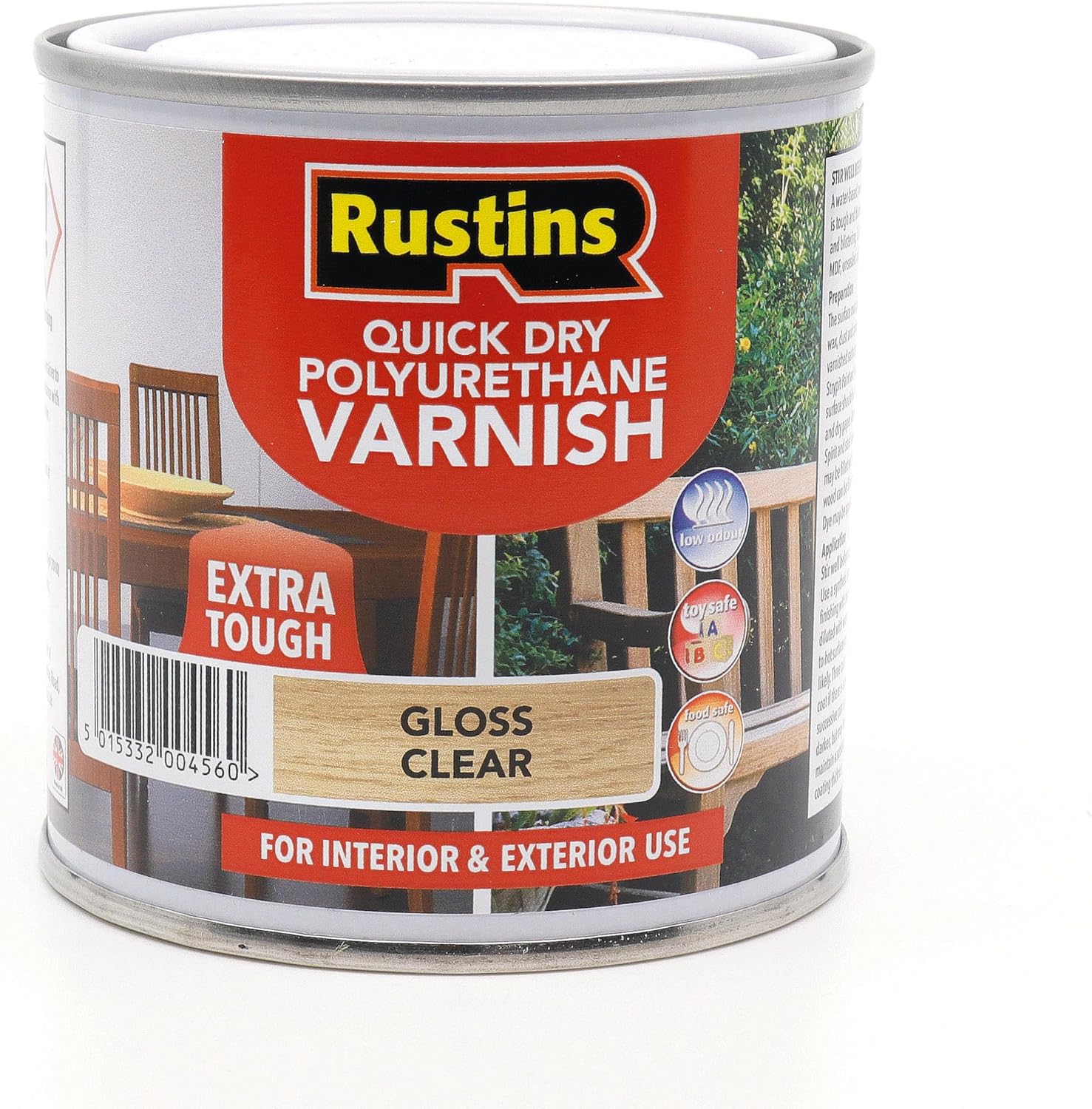 Rustins Quick Dry Poly Varnish Gloss Clear 250ml -Tough, Water-Based Clear Finish in Gloss, Matt or Satin; Durable Protection for Interior Wood, Furniture and Floors