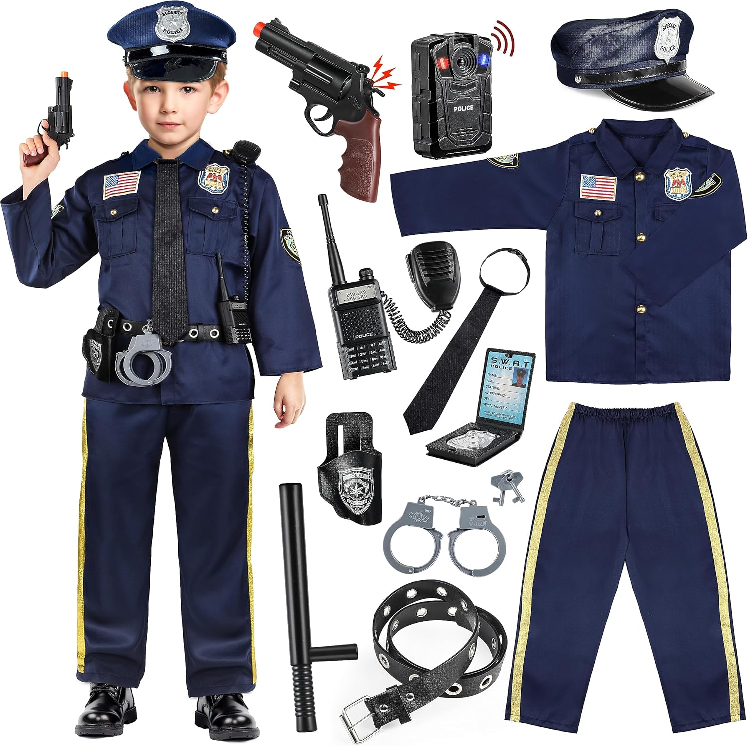 Joycover Police Officer Costume for Kids - Deluxe Police Costume for Kids with Accessories, Halloween Costumes for Boys Girls