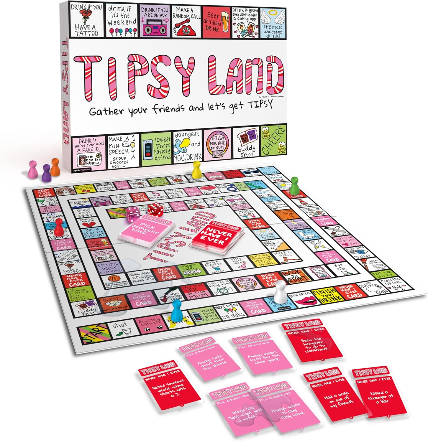 Tipsy Land Adult Party Board Game, 75+ Unique Spaces, for Dares, Confessions & Competitions, Adult Party Game, Splash Resistant Board & Waterproof Cards, Fun Board Games for Adults