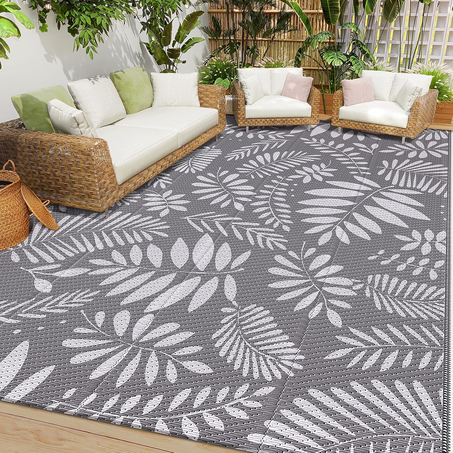 StepRite Outdoor Rug, Patio Rug, Plastic Straw Camping Rugs, Large Waterproof Area Rug and Mat for Outdoors, RV, Patio, Backyard, Deck, Porch, Beach, Balcony, (8'x 10', White&Gray)