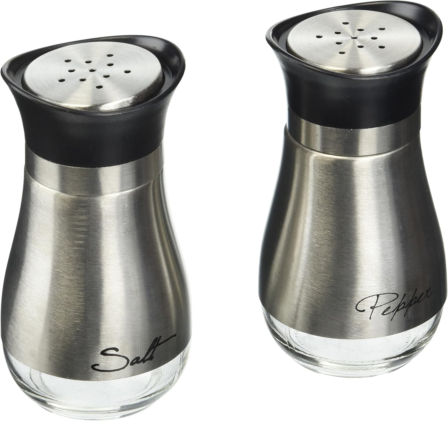 Circleware Cafe Contempo Elegant Glass Salt and Pepper Shakers Dispenser, Clear Bottom Jar Bottle Container with Stainless Steel Top, Perfect for Himalayan Seasoning Herbs Spices, 4.4 oz, Silver