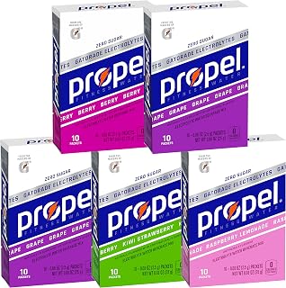Propel Powder Packets 4 Flavor Variety Pack With Electrolytes, Vitamins and No Sugar 10 Count (Pack of 5) (Packaging May Vary)