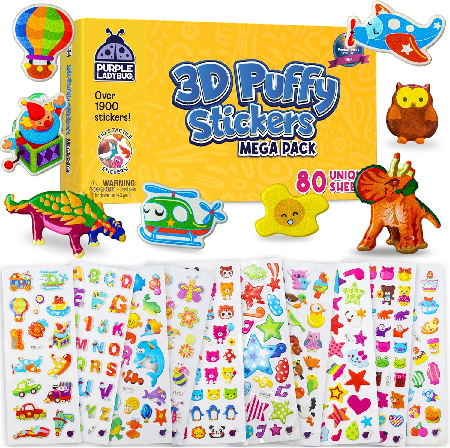 Purple Ladybug 1900+ Puffy Sticker Collection for Kids 4-8 - 80 Unique Reusable Sheets, Creative 3D Designs - Reward Stickers, Arts & Crafts Set, Travel Activities, Road Trip Essentials & Toys