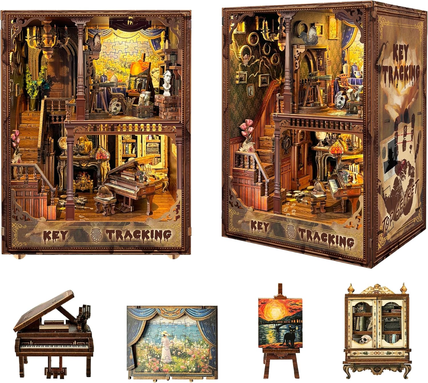 STRUCWOOD Book Nook Kit-DIY Dollhouse Kit Wooden Miniature Studio with Dust Cover Bookshelf Decor 3D Puzzle Book Nooks for Adults to Build Gift-Key Tracking (SQ-31)