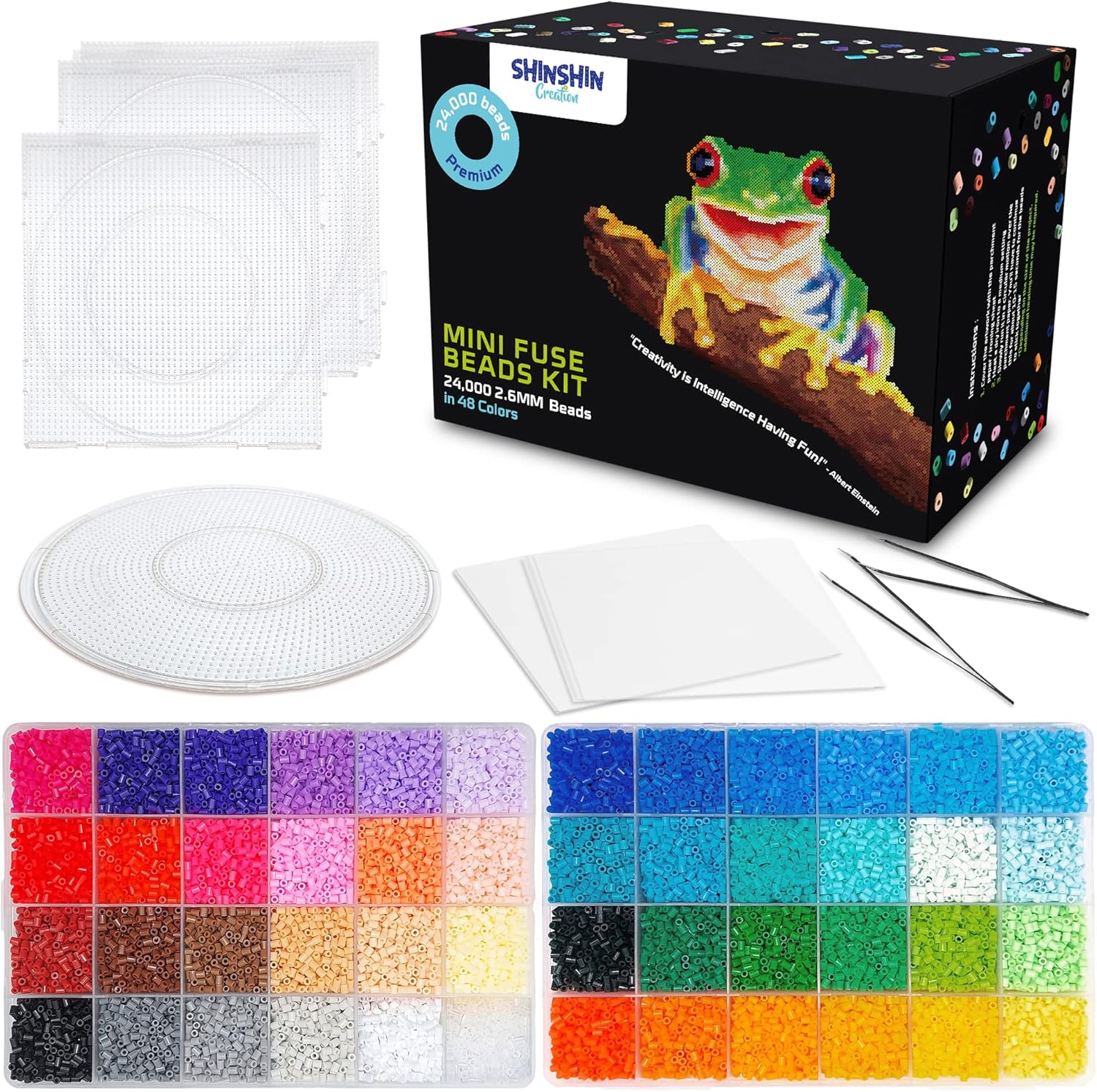 24,000 Mini Fuse Beads Kit for Adults - 48 Colors Tiny 2.6mm Beads, 5 Pegboards, 2 Tweezers - Compatible with Hama, Melty Beads, Iron Beads Craft - Bulk Storage