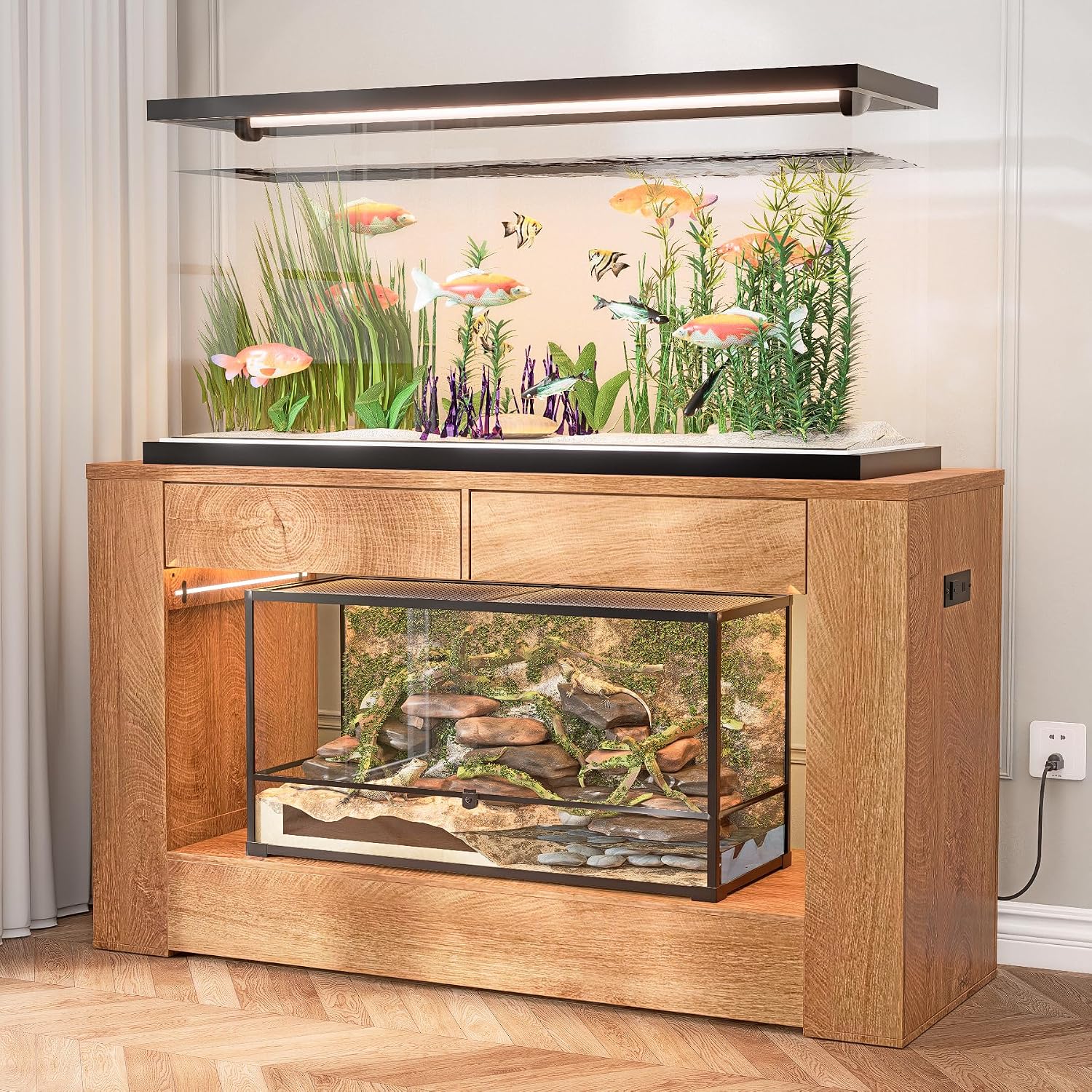 48" Aquarium Stand for 55–75/90 Gallon Tank,Heavy Duty Fish Tank Stand up to 1000 LBS,Aquarium Stand with Power Outlet & LED Light,2-Tier Turtle Reptile Tank Stand with Storage,Natural