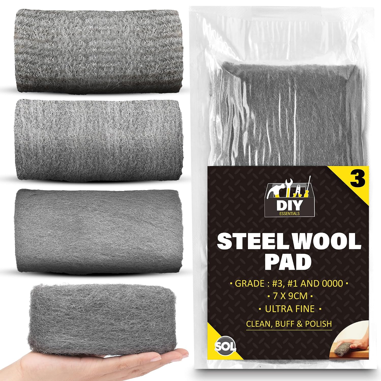 SOL 3pk Fine Steel Wool 0000, 1 & 3 Grades - Wire Wool for Cleaning 1m