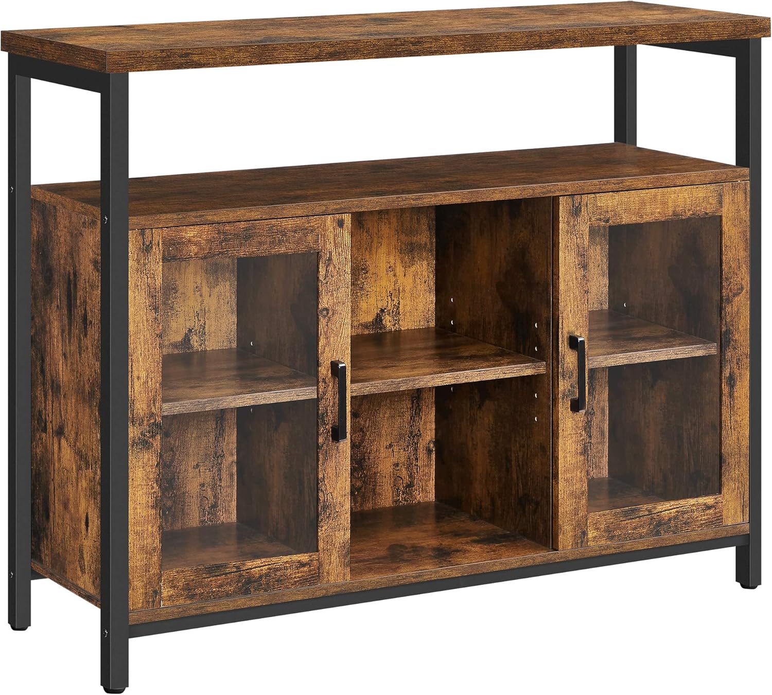 VASAGLE Sideboard, Buffet Table with 2 Transparent Glass Doors, TV Cabinet, with Adjustable Shelves, for Dining Room, 100 x 35 x 80 cm, Industrial Style, Rustic Brown and Black LSC095B01