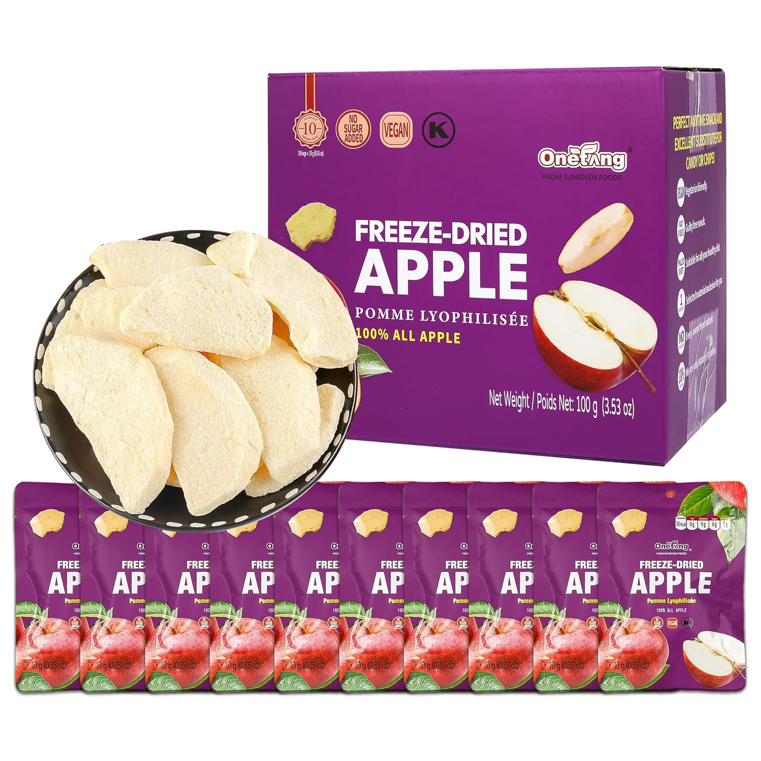 ONETANG Freeze-Dried Fruit Apple Chips, 10 Pack Single-Serve Pack, Non GMO, Kosher, No Add Sugar, Gluten free, Vegan, Holiday Gifts, Healthy Snack 0.35 Ounce