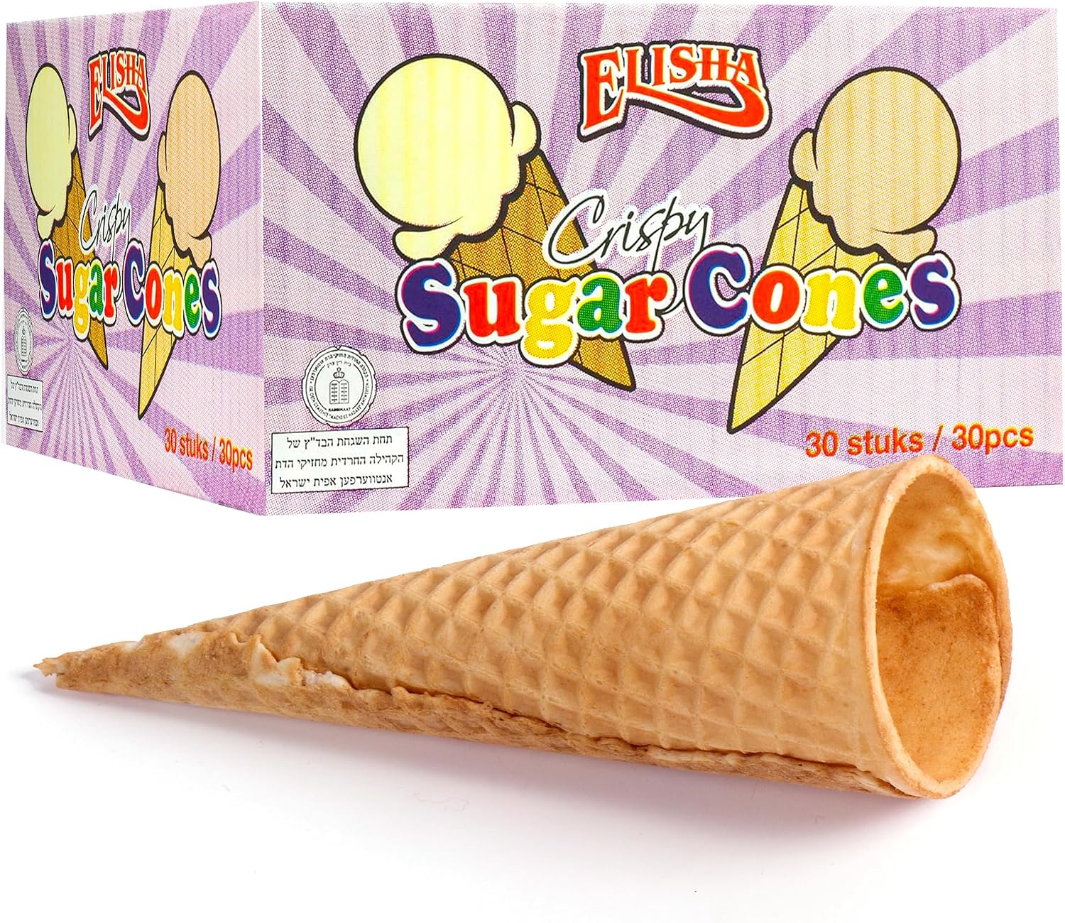Elisha Crispy Sugar Cones - Kosher Certified - Ice Cream Wafer Cones - (30 pieces), 30 count (Pack of 1)