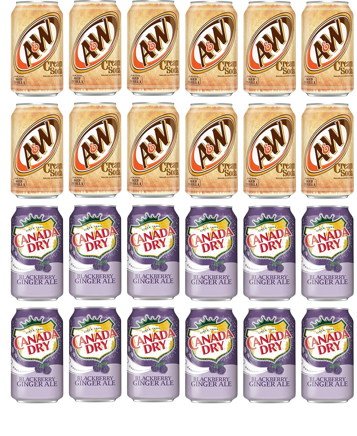 LUV-BOX Variety Soda pack , pack of 24 , 12 fl oz , A&W CREAM SODA - CAFFEINE FREE , CANADA DRY BLACKBERRY GINGER ALE