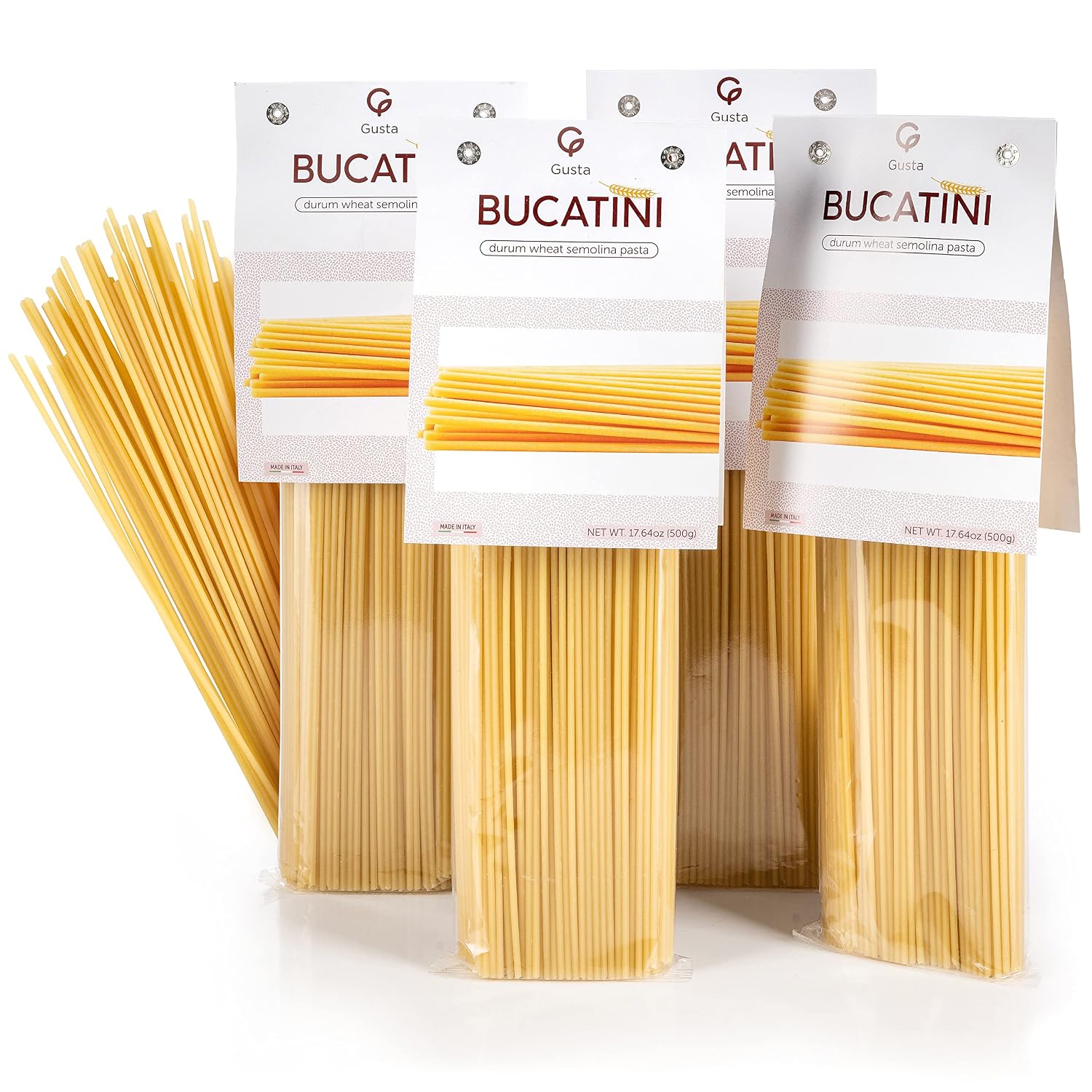 Gusta Bucatini Pasta Noodles - Premium Italian Pasta from Italy - Durum Wheat Semolina Organic "Al Dente" Pasta - Non-GMO & Gourmet Pasta - Family Owned Brand - 17.64oz / 500g (4 Pack)