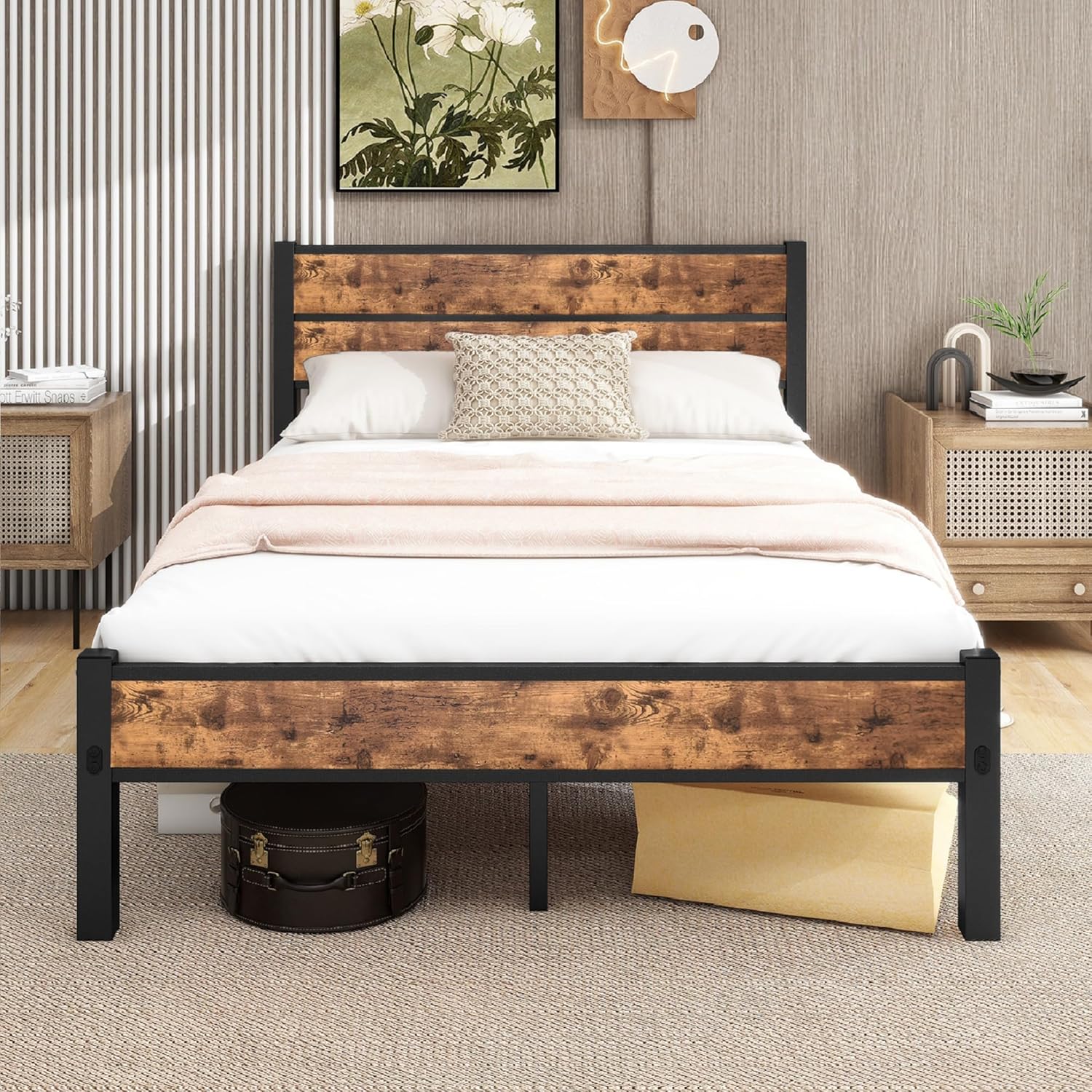 DUMEE Double Bed Frame with Wooden Headboard and Footboard, Metal Wooden Bed Frame 4ft6 Under Bed Storage, No Box Spring Needed, Enhanced Support Noise Free (Black+Brown Oak)