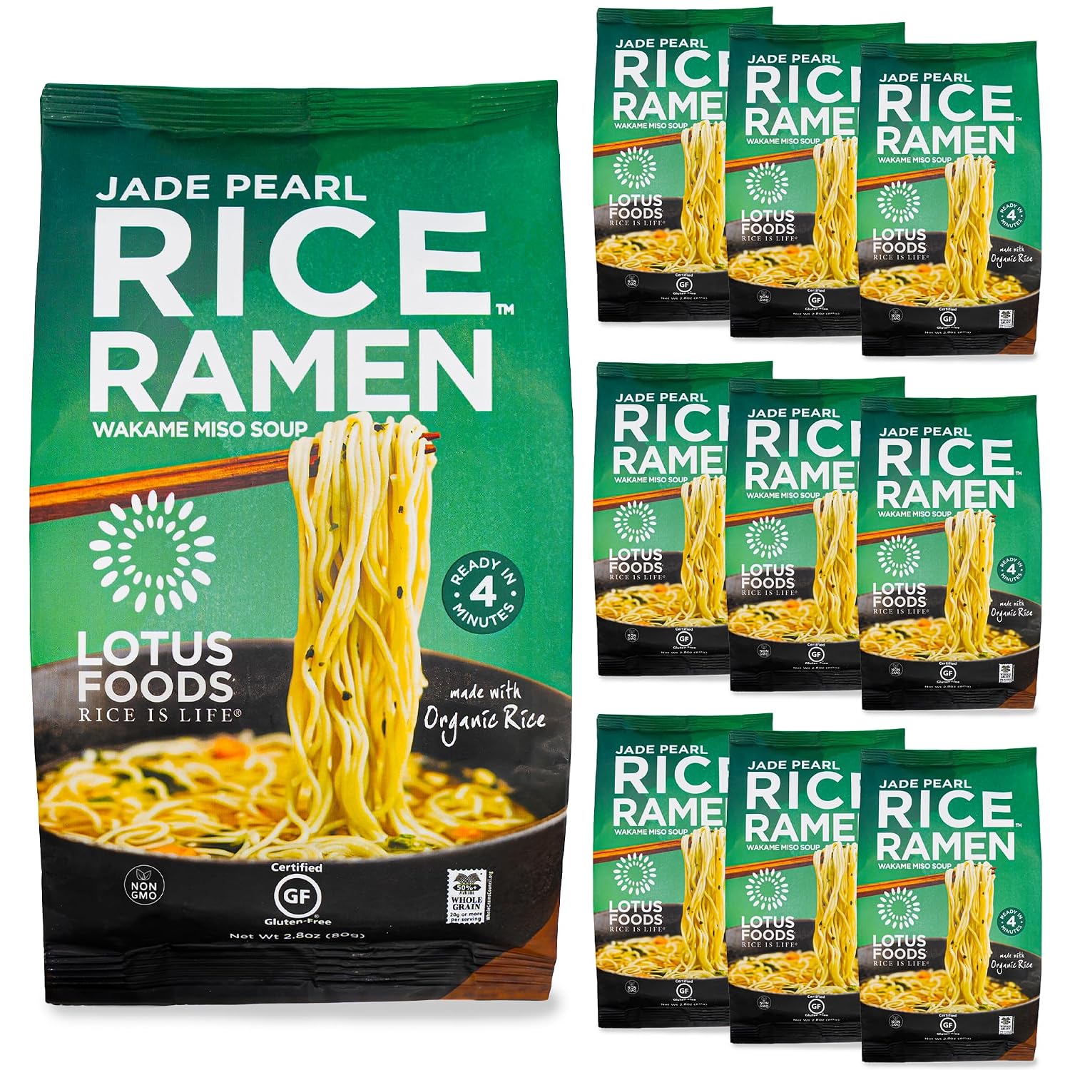 Lotus Foods Jade Pearl Organic Rice Ramen Noodles With Miso Soup - Gluten Free Ramen Noodles, Vegan Ramen Noodles, Organic Ramen Rice Noodles - 2.8 Oz Bags (Pack of 10)