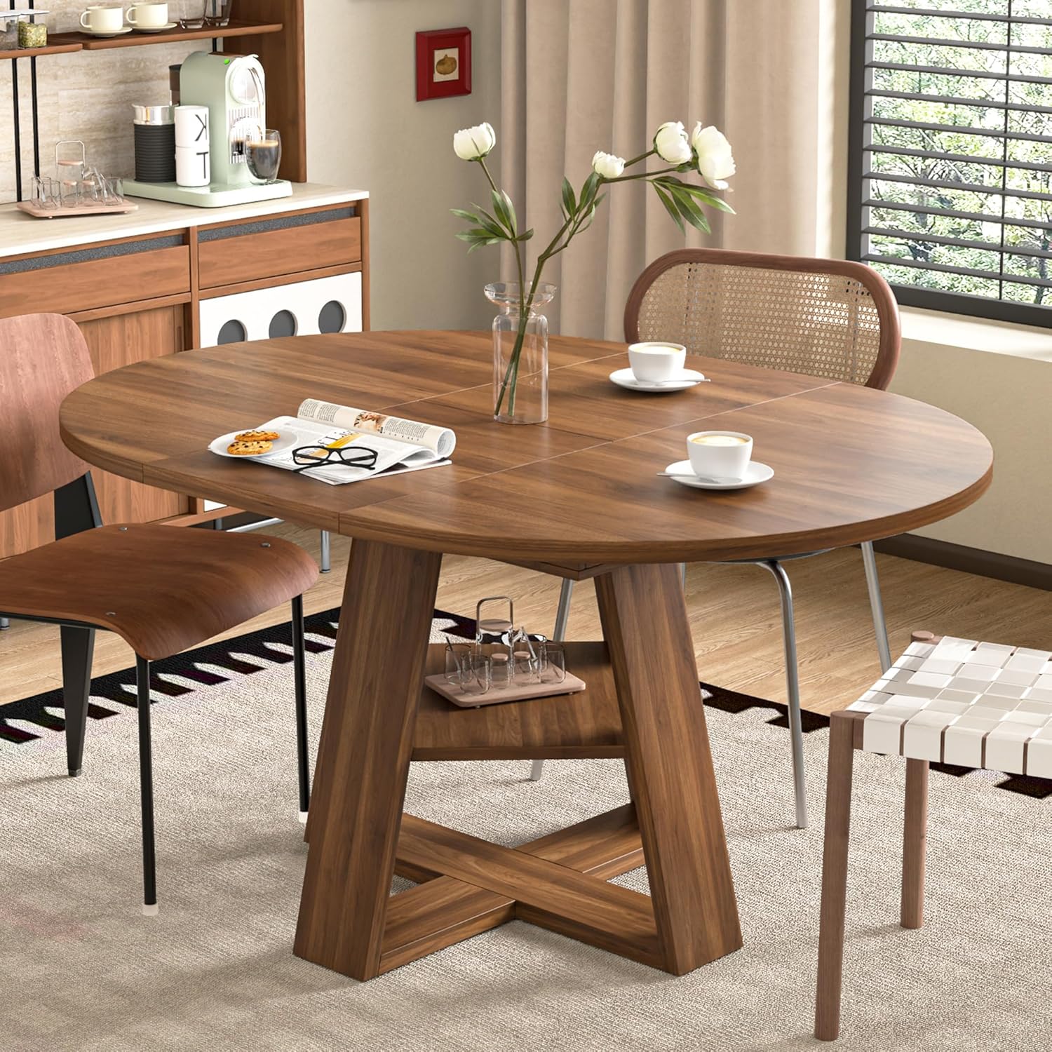 43.3in-59in Extendable Round Dining Table for 4-8,Modern Kitchen Oval Dining Table with Removable Leaves Space Saving,Wood Base with Storage Shelf for Kitchen Living Room (Walnut)