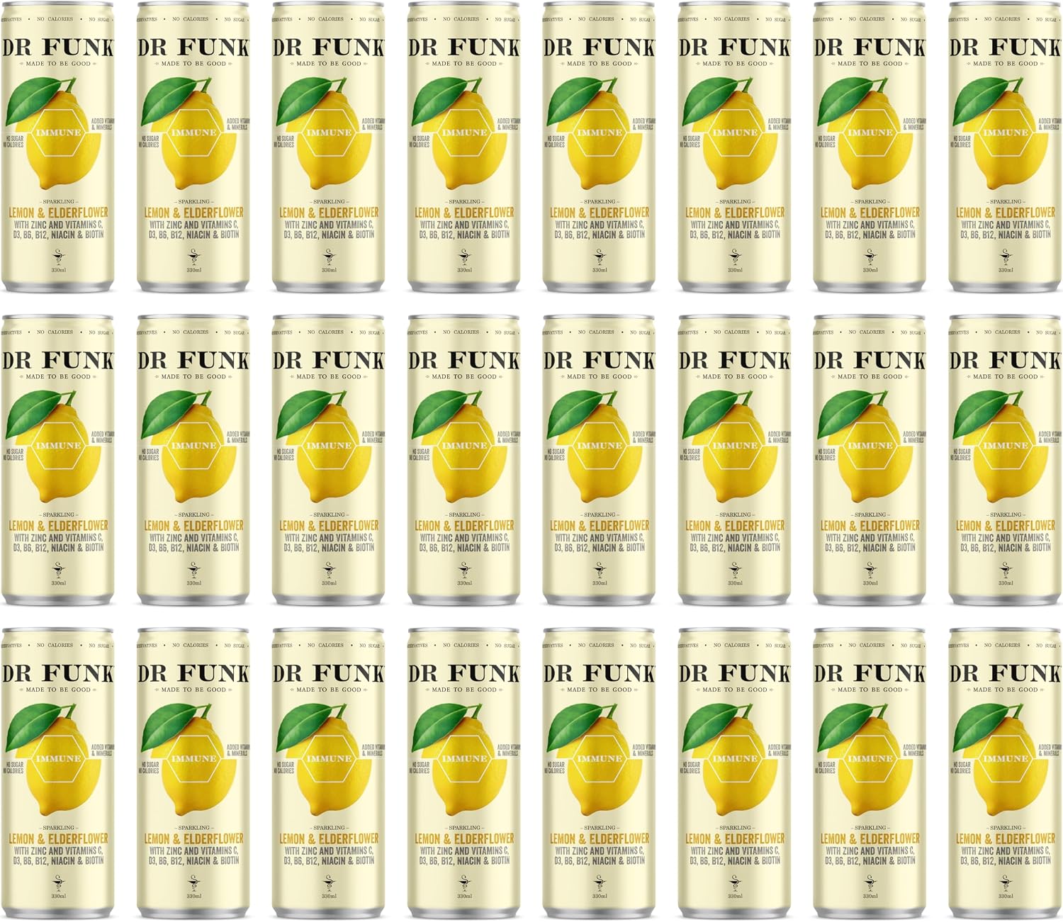 Dr Funk Lemon & Elderflower Sparkling Flavoured Water with NO Sugar & NO Calories with 7 essential nutrients, Vitamins and Minerals. All natural, nothing artificial. 24 x 330ml