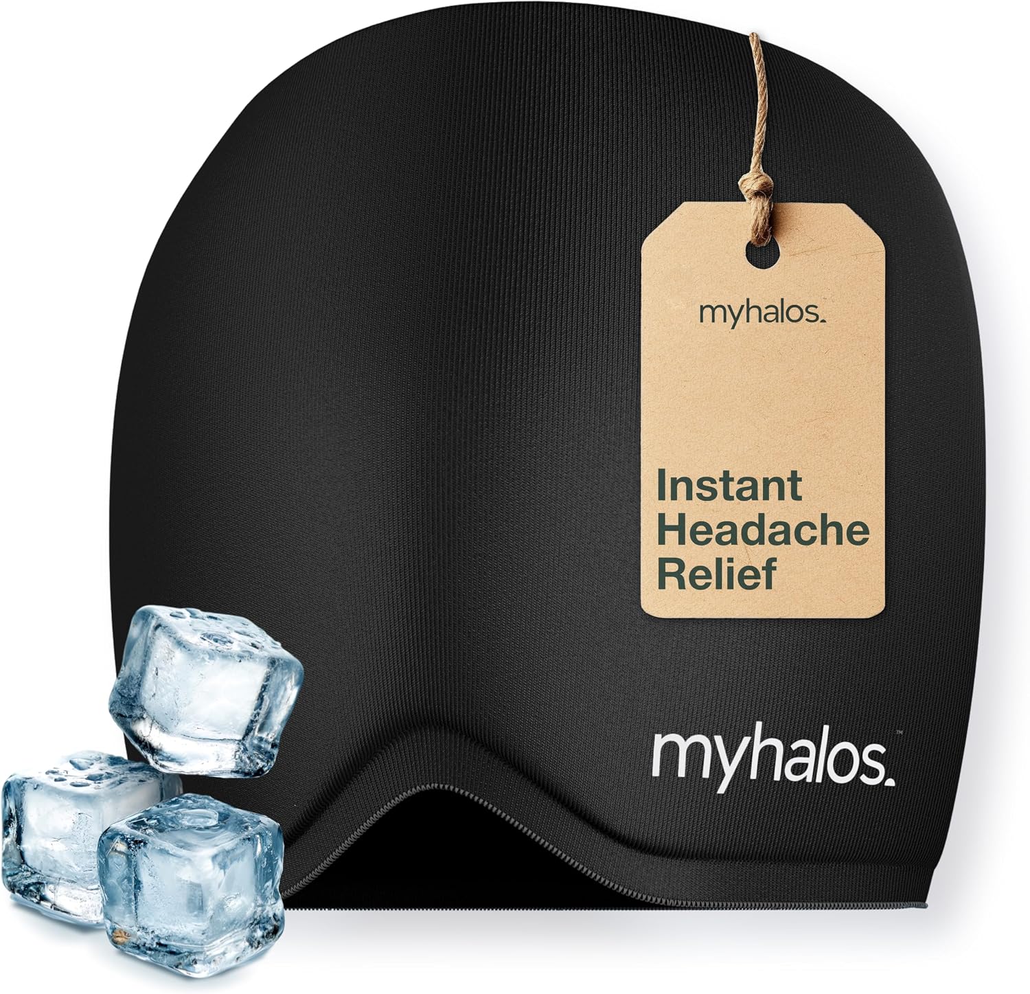 MyHalos® Migraine Relief Cap - Wearable Ice Pack Cold Wrap Hat -Reusable Cold Therapy Headache Cap & Migraine Cap, for Tension Headache Relief & Sinus Pressure - Form-Fitting Head Compress (Black)
