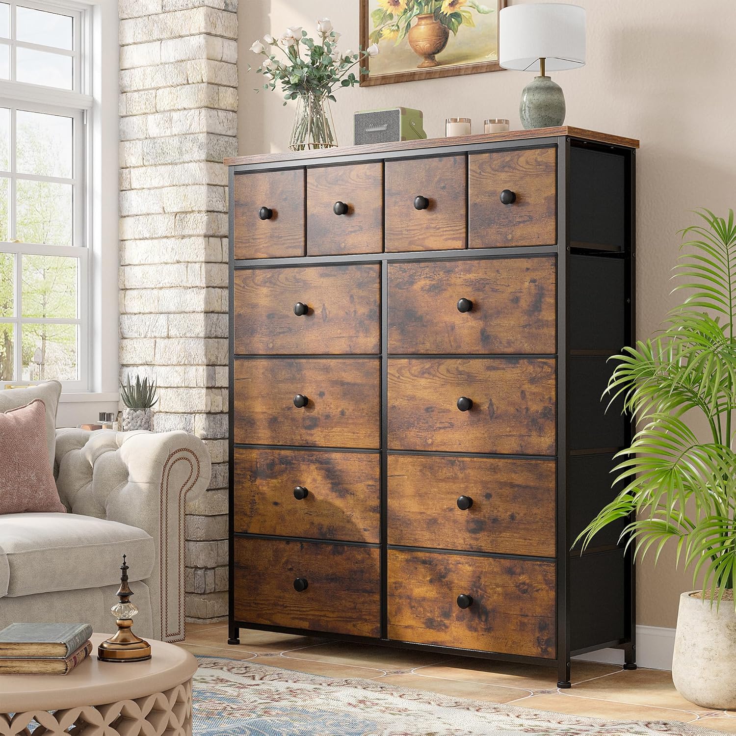 EnHomee Chest of Drawers, 12 Drawer Chest of Drawers with Easy Pull Handle, Tall Chest of Drawers for Bedroom, Fabric Drawers for Hallway, Storage Living Rooms, Closet, Rustic Brown