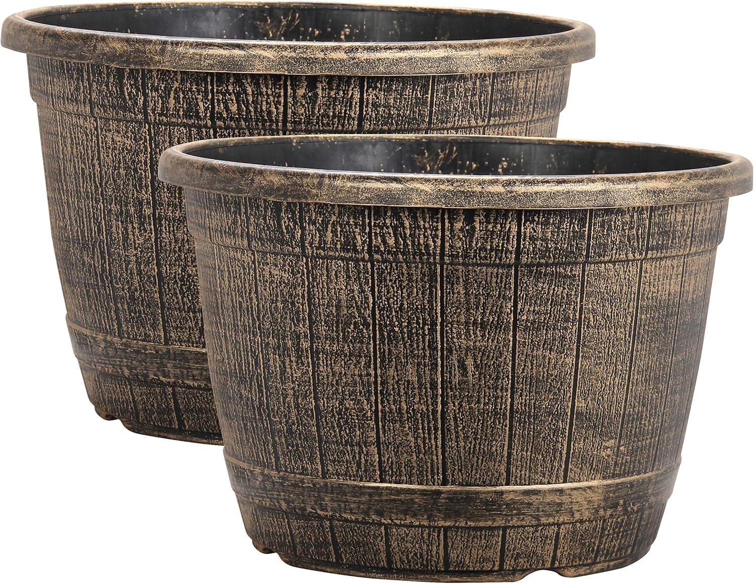 Muddy Hands Bronze Wooden Barrel Effect Plant Pot Round Plastic Planter Outdoor Garden Flower Tree Herb (2, 25.8 Litre)