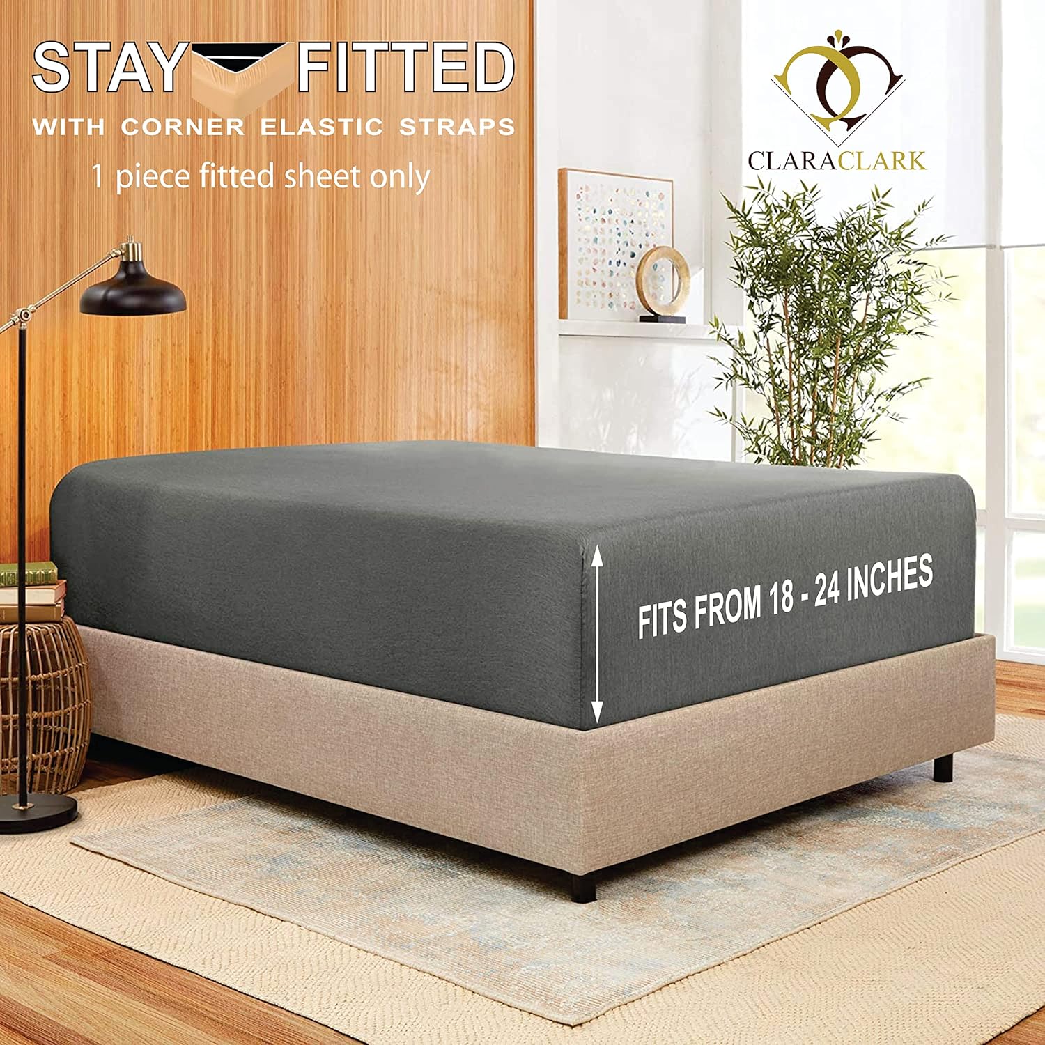 Clara Clark Stay Fitted Single Sheet, Fitted Sheet ONLY! Stay Fit on Mattress with Elastic Straps at Corners, Extra Deep Pocket, Fits 18 to 24 Inch Mattress, California King – Charcoal Gray
