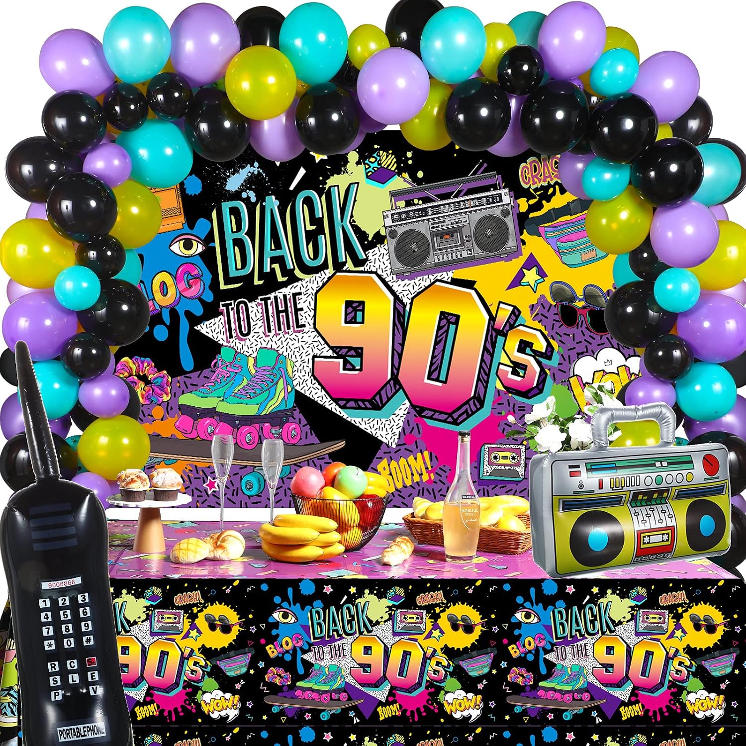 80s 90s 50s Party Decorations 80's 90's 50's Party Bundle Includes Inflatable Radio Boombox and Mobile Phone, Back to 80s 90s 50s Backdrop, Tablecloth, 75 Pcs Balloons for Hip Hop Party(90s Style)