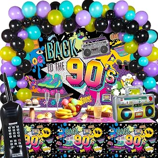 80s 90s 50s Party Decorations 80's 90's 50's Party Bundle Includes Inflatable Radio Boombox and Mobile Phone, Back to 80s 90s 50s Backdrop, Tablecloth, 75 Pcs Balloons for Hip Hop Party(90s Style)