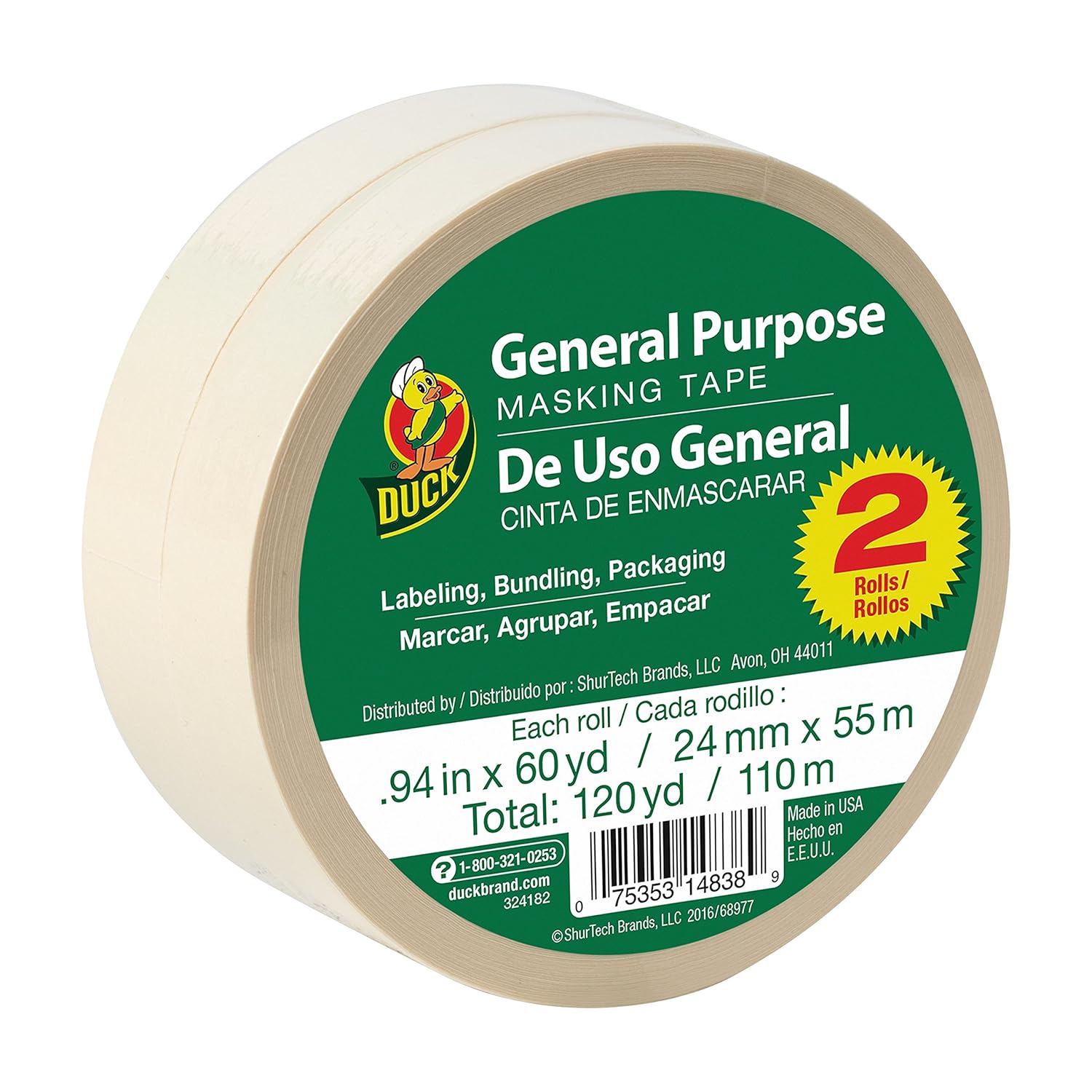 Duck Brand General Purpose Masking Tape - Beige, 0.94 in. x 60 yd., 2-Pack (241577)