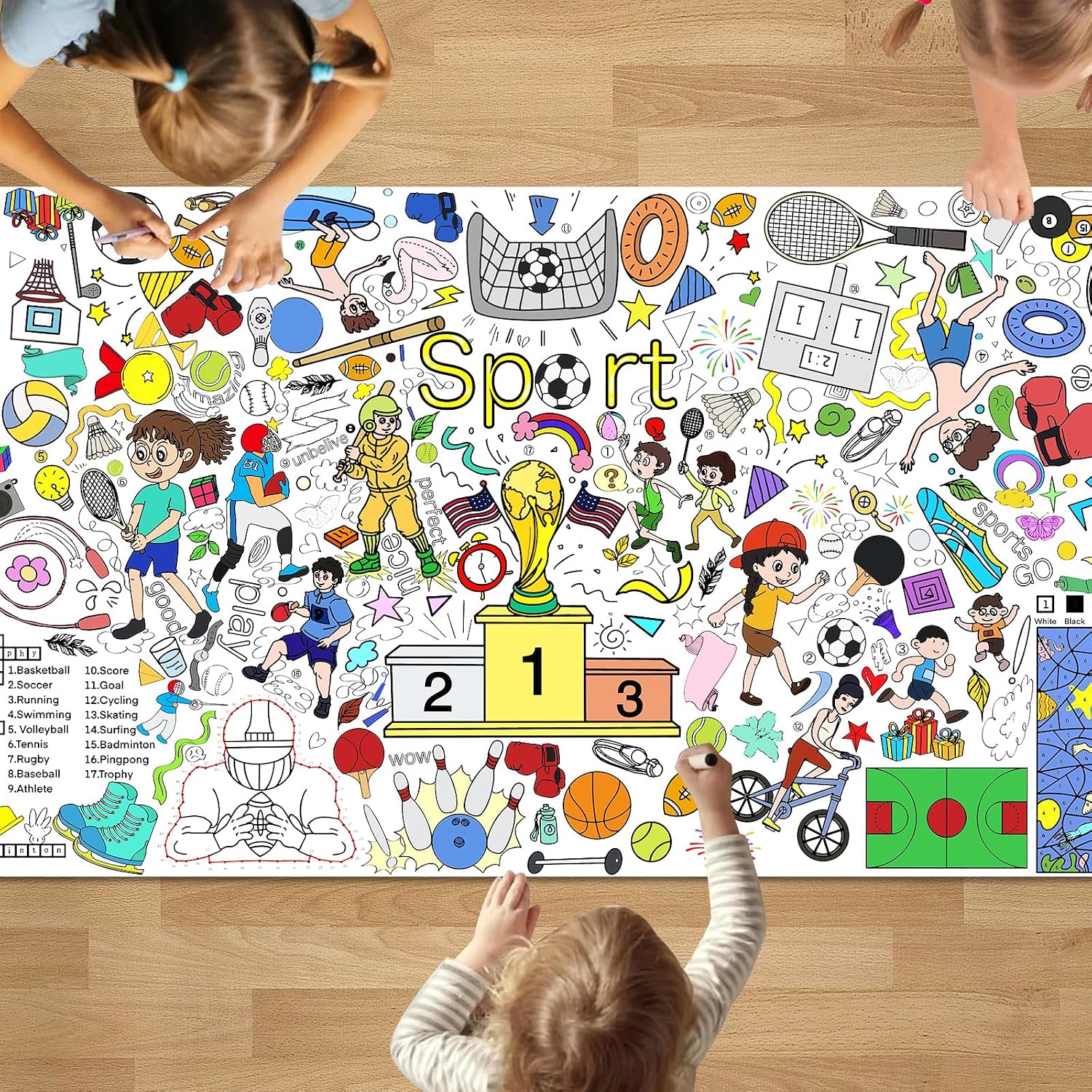 PADTIC Giant Coloring Poster,35x72 inches Sport Coloring Tablecloth,DIY Sport Coloring Tablecover,Kids Art Crafts Sheet,Drawing Poster,Paper Table Cover for Party Supplies