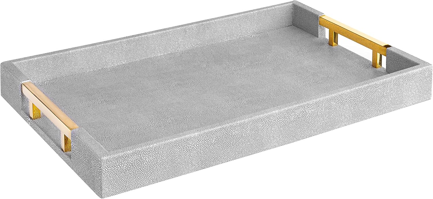 Modern Elegant 18"x12" Rectangle Glossy Grey Shagreen Faux Leather Tray Decorative Tray Ottoman Tray Coffee Table Perfume Kitchen Serving Tray with Gold Polished Metal Handles.