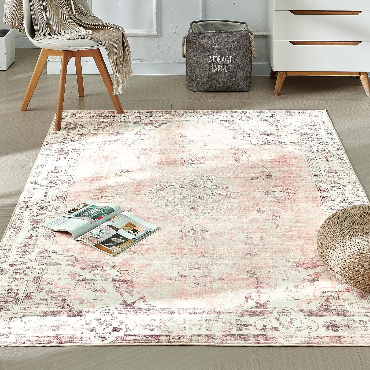 Xfrog Machine Washable Rug Vintage Area Rug for Living Room Non-Slip Traditional Rug Carpet for Office Kitchen Dining Light Pink 80x150CM