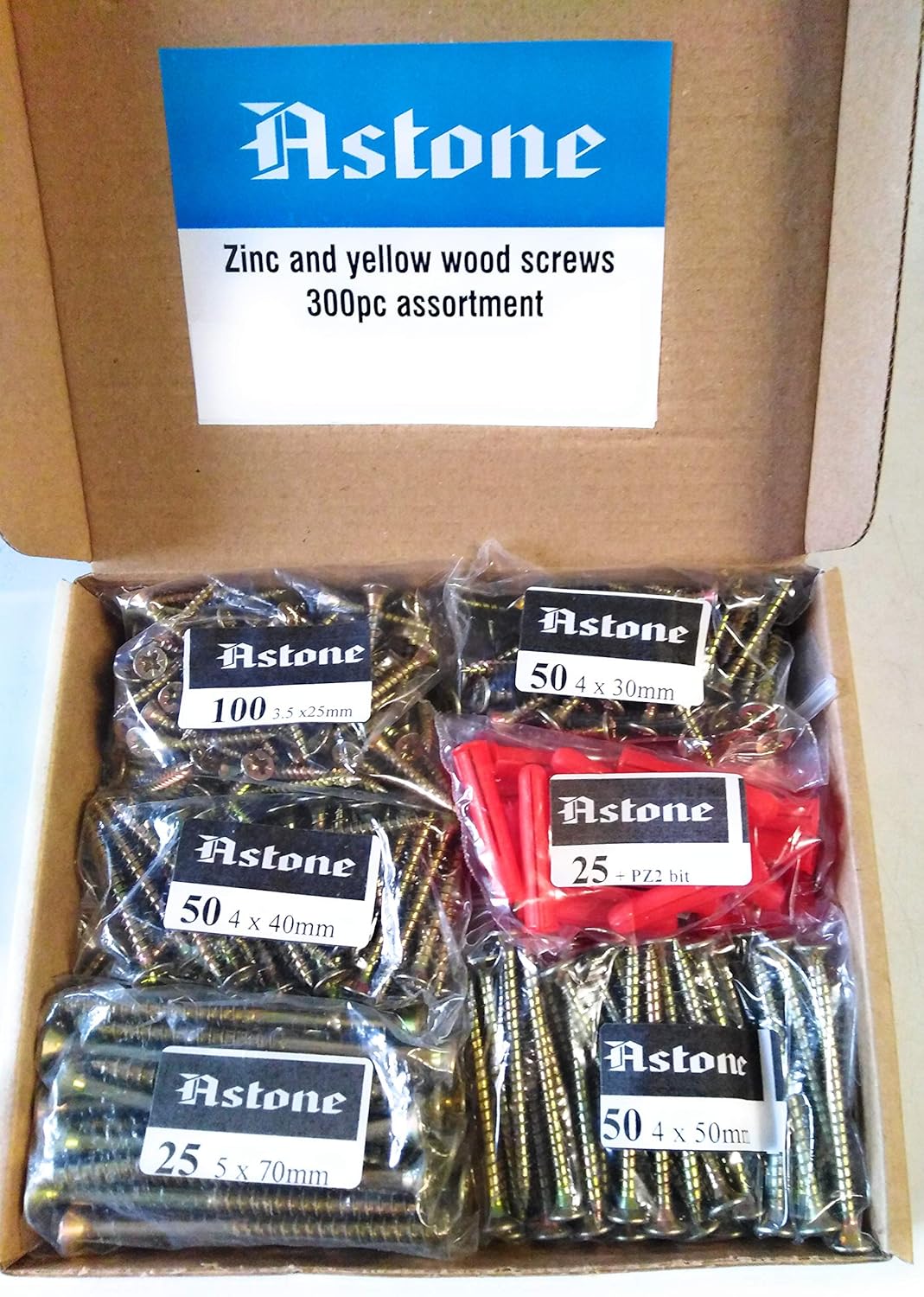 Astone Wood Screw assortment (300pc: 5 x 70mm, 4 x 50mm, 40mm, 30mm, 3.5 x 25mm)